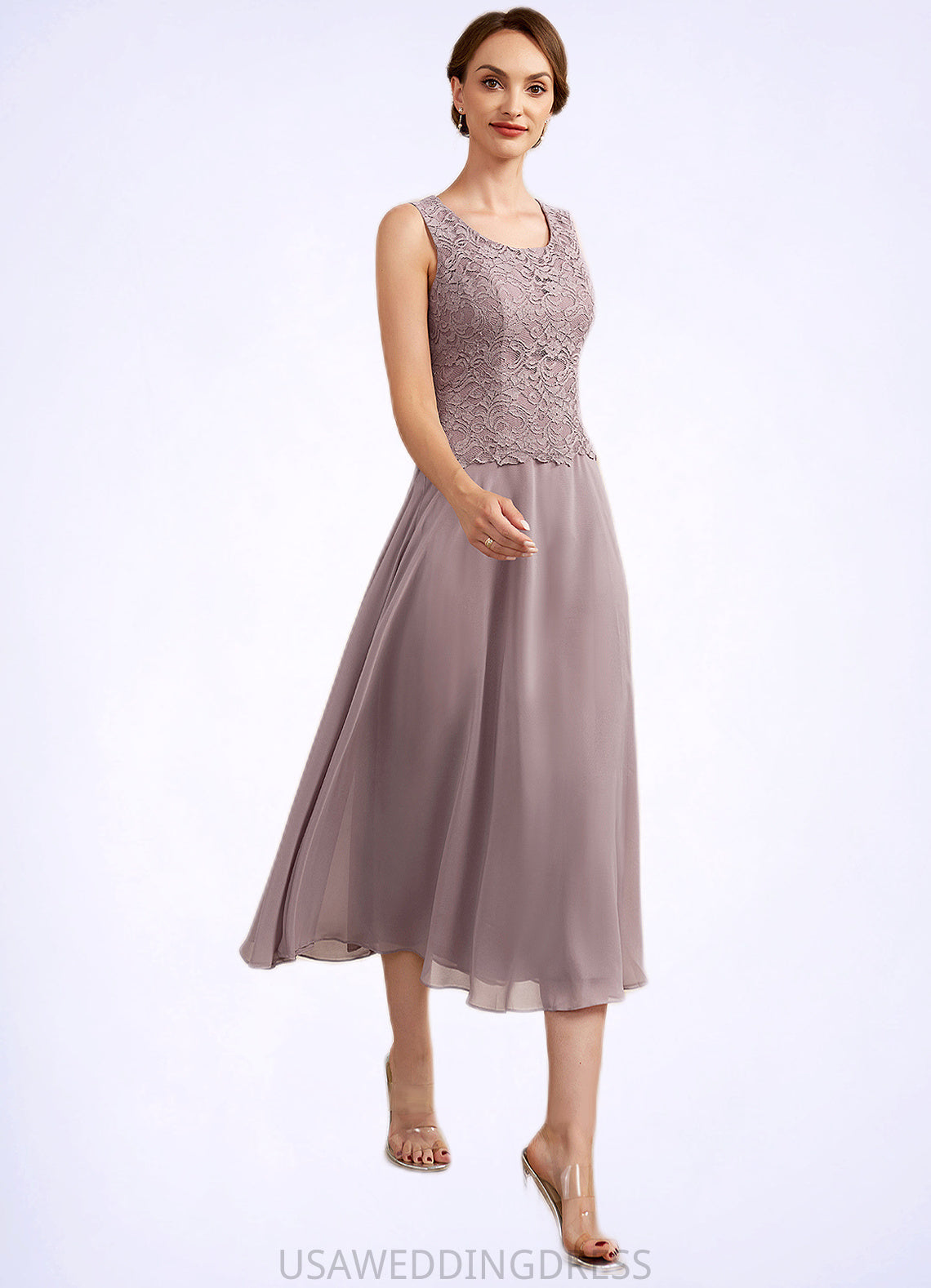 Kiera A-Line Scoop Neck Tea-Length Chiffon Lace Mother of the Bride Dress DS126P0014633