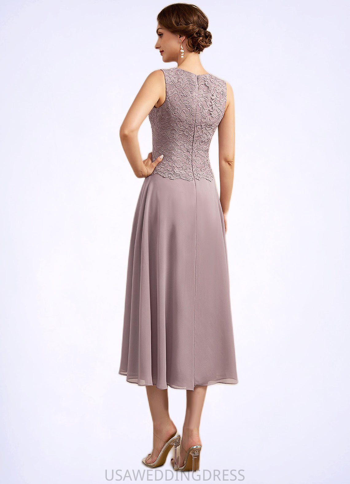 Kiera A-Line Scoop Neck Tea-Length Chiffon Lace Mother of the Bride Dress DS126P0014633