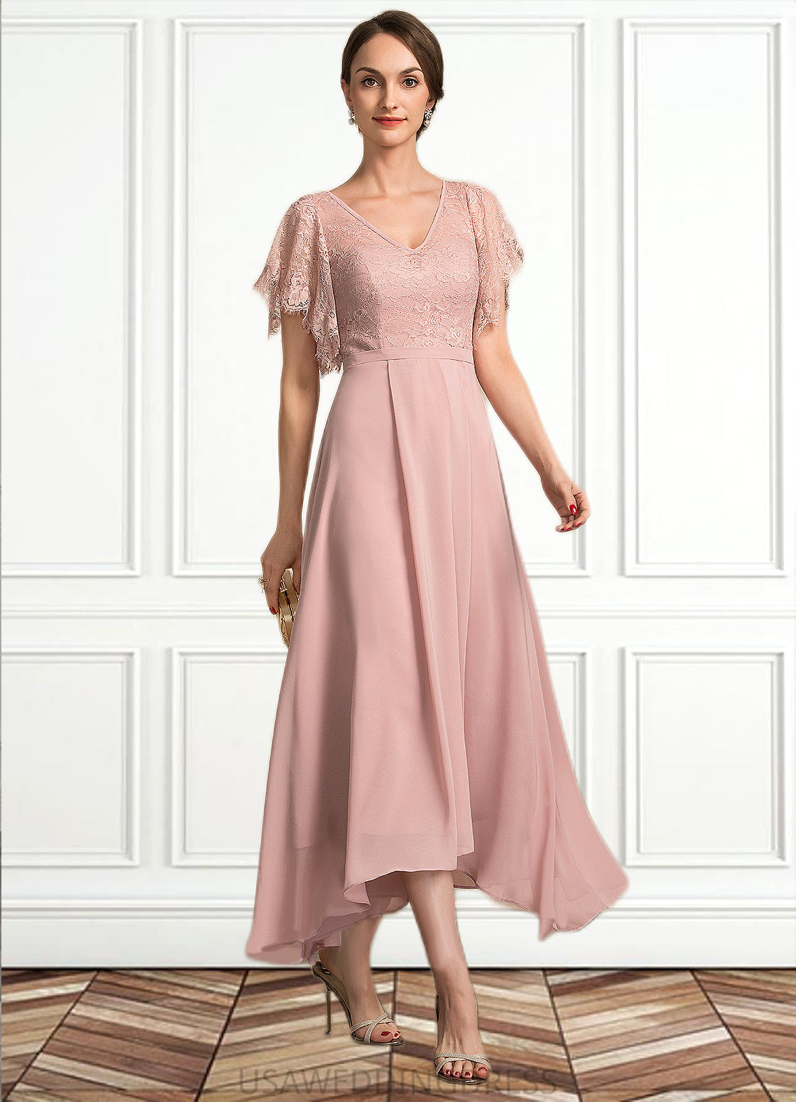 Gianna A-line V-Neck Ankle-Length Chiffon Lace Mother of the Bride Dress DS126P0014636