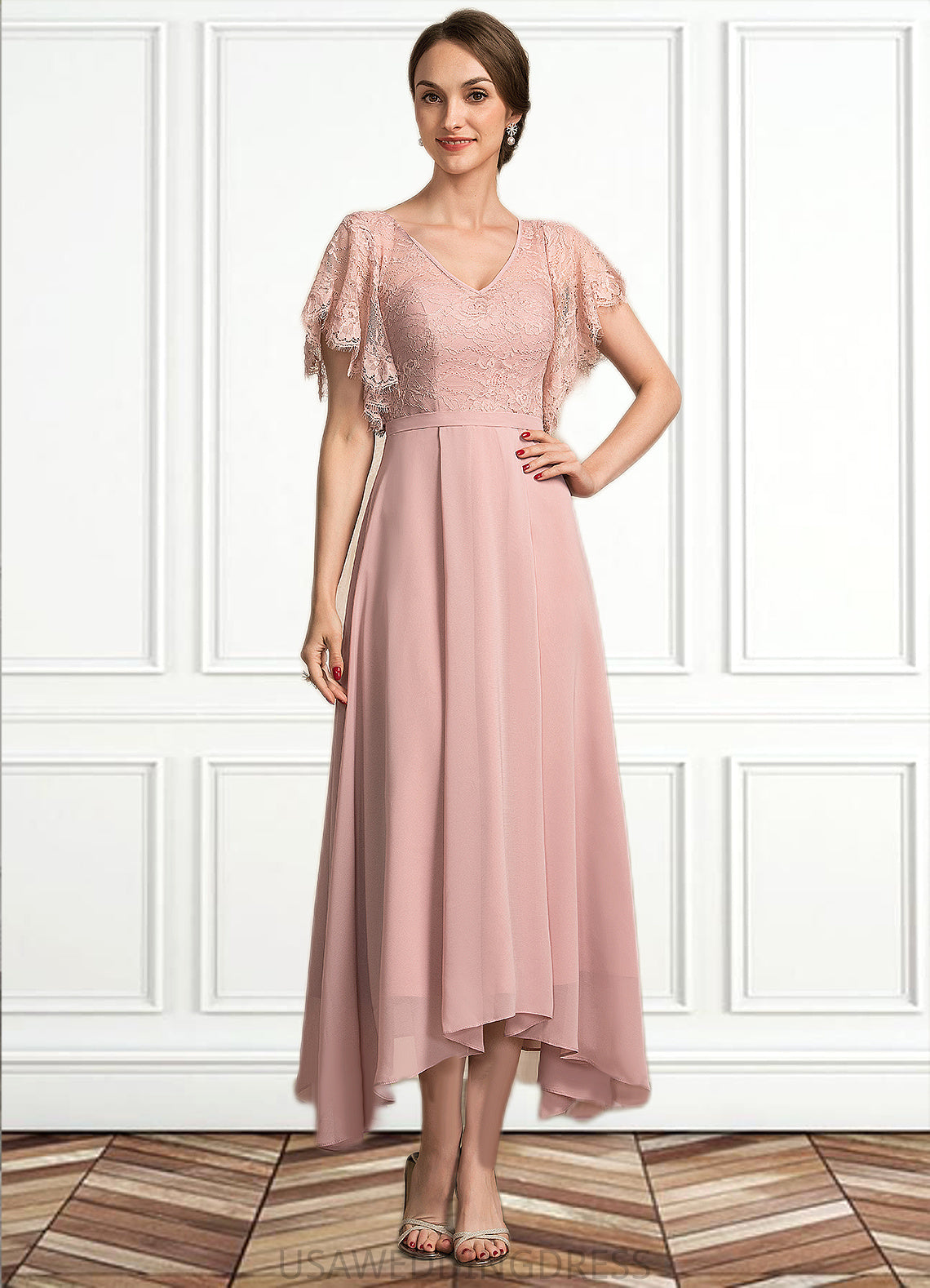 Gianna A-line V-Neck Ankle-Length Chiffon Lace Mother of the Bride Dress DS126P0014636