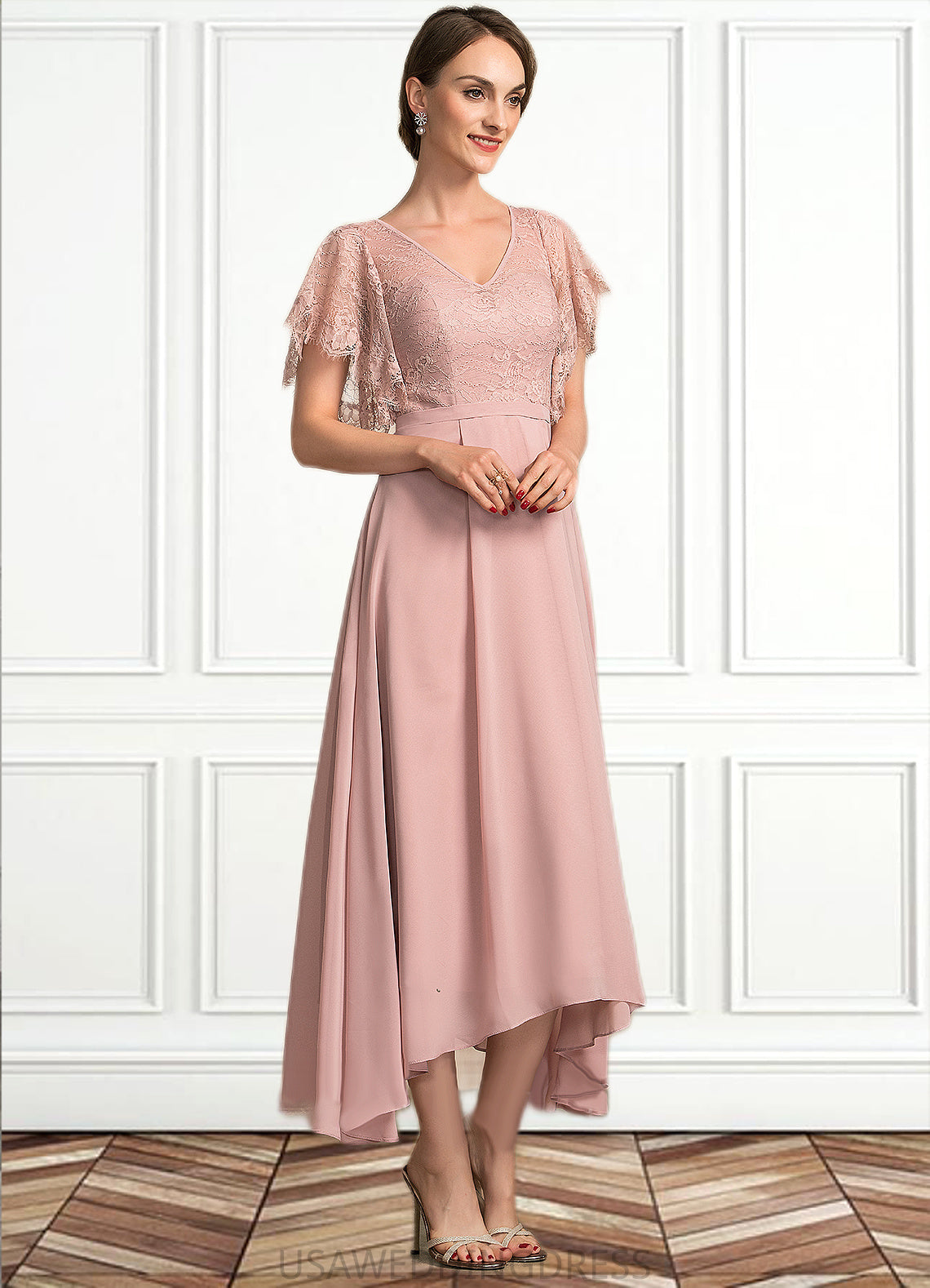 Gianna A-line V-Neck Ankle-Length Chiffon Lace Mother of the Bride Dress DS126P0014636