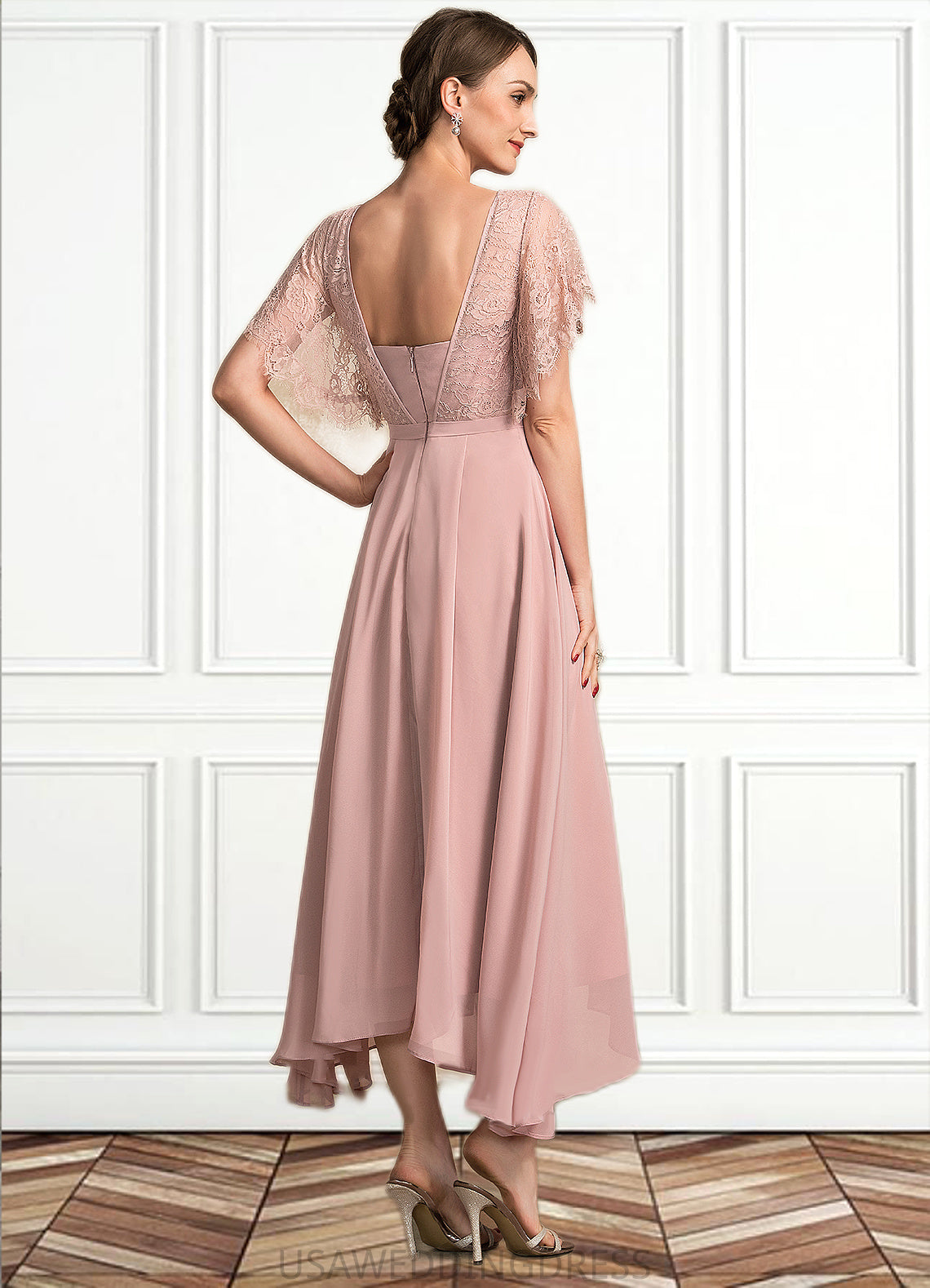 Gianna A-line V-Neck Ankle-Length Chiffon Lace Mother of the Bride Dress DS126P0014636