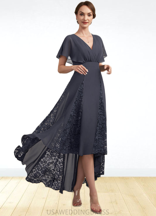 Jaiden A-Line V-neck Asymmetrical Chiffon Lace Mother of the Bride Dress With Ruffle DS126P0014638