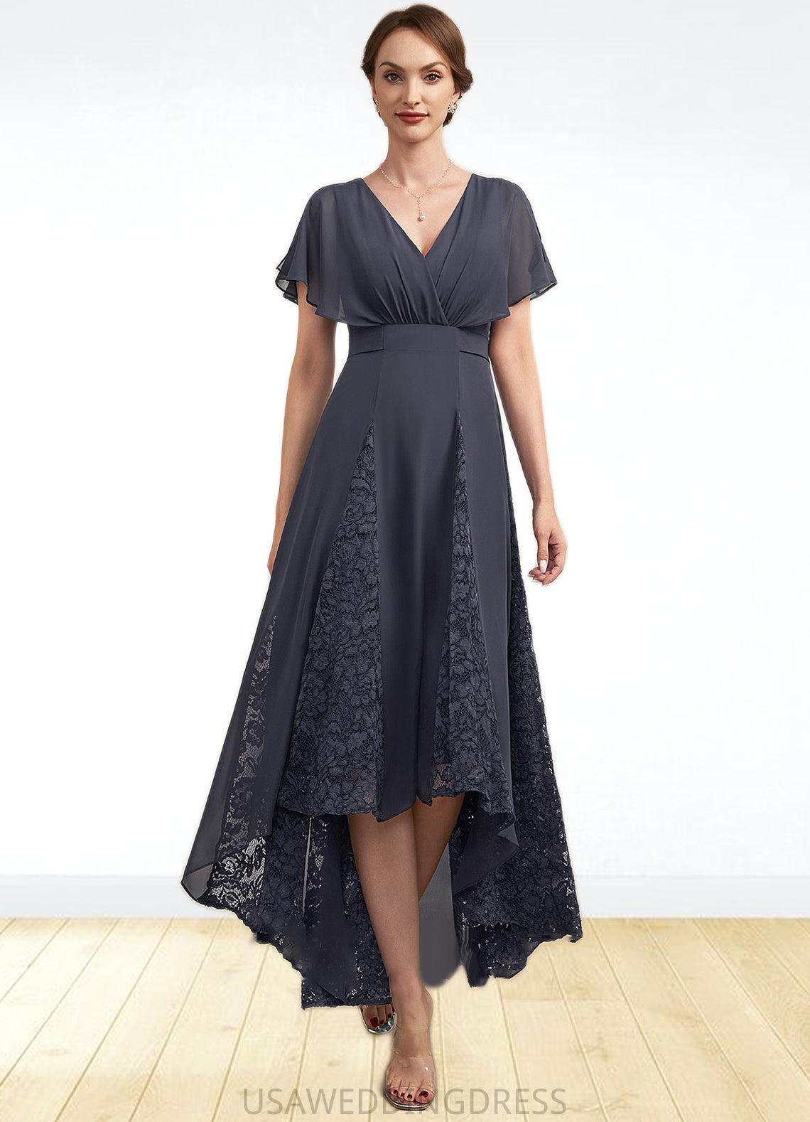 Jaiden A-Line V-neck Asymmetrical Chiffon Lace Mother of the Bride Dress With Ruffle DS126P0014638