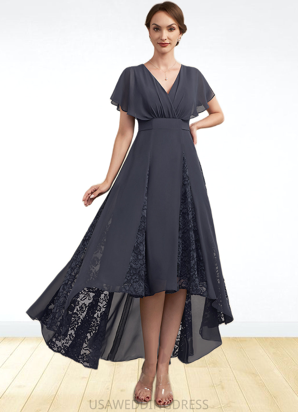 Jaiden A-Line V-neck Asymmetrical Chiffon Lace Mother of the Bride Dress With Ruffle DS126P0014638