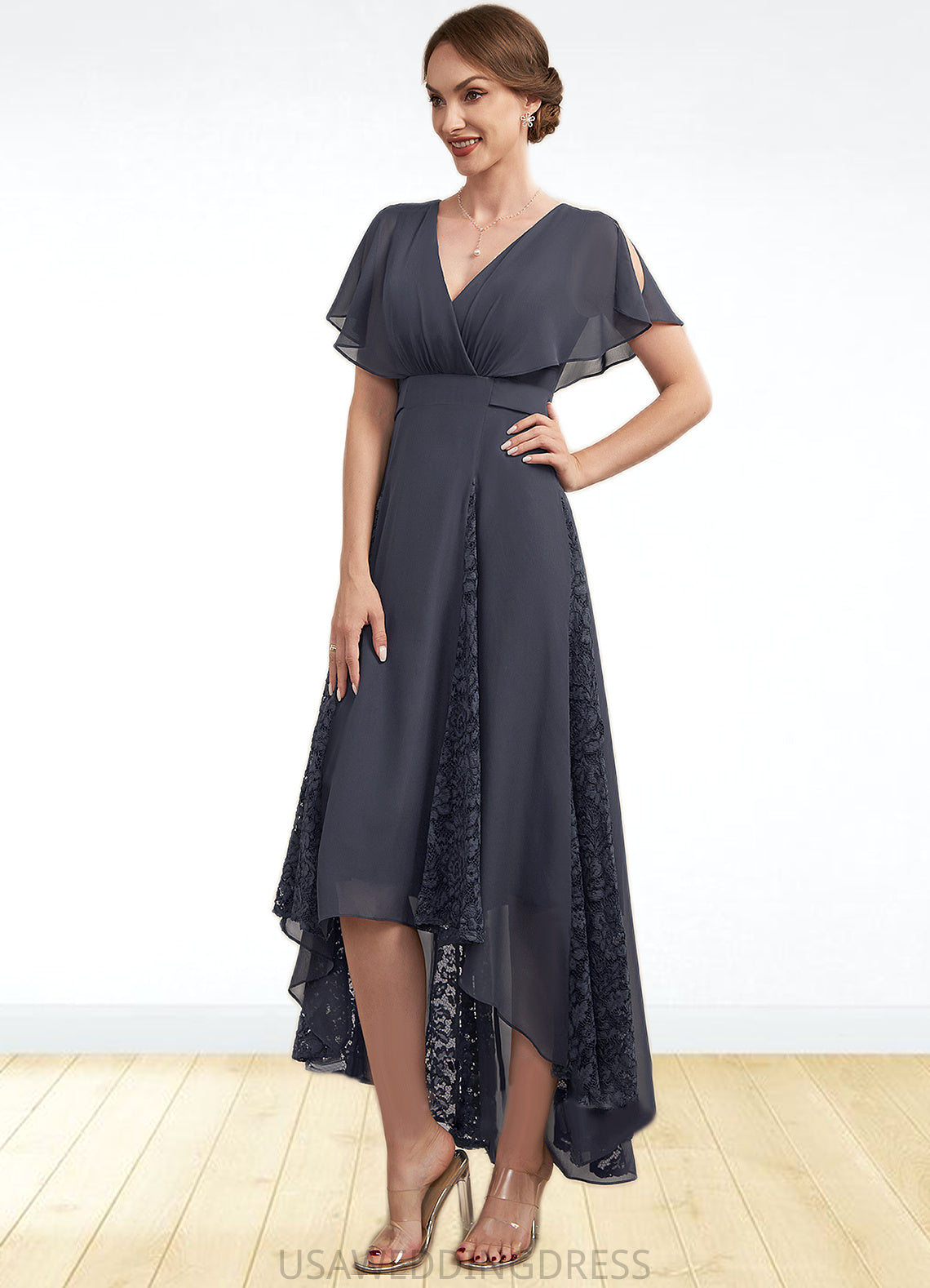 Jaiden A-Line V-neck Asymmetrical Chiffon Lace Mother of the Bride Dress With Ruffle DS126P0014638