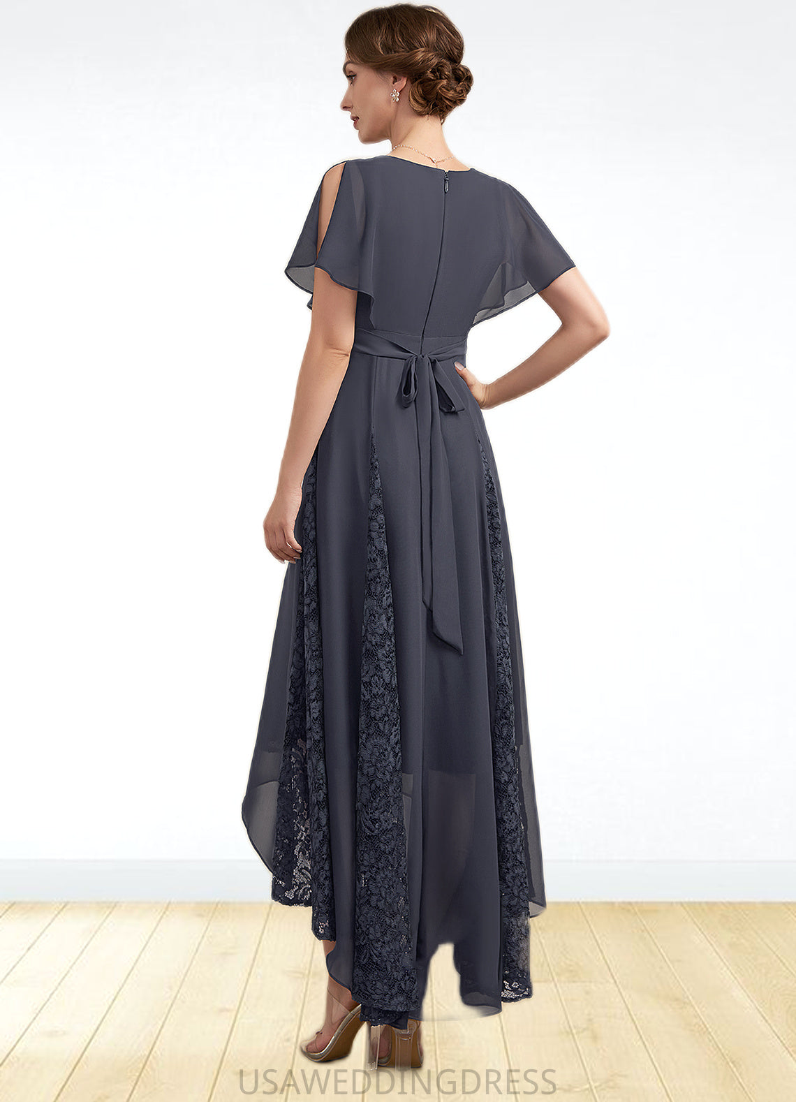 Jaiden A-Line V-neck Asymmetrical Chiffon Lace Mother of the Bride Dress With Ruffle DS126P0014638