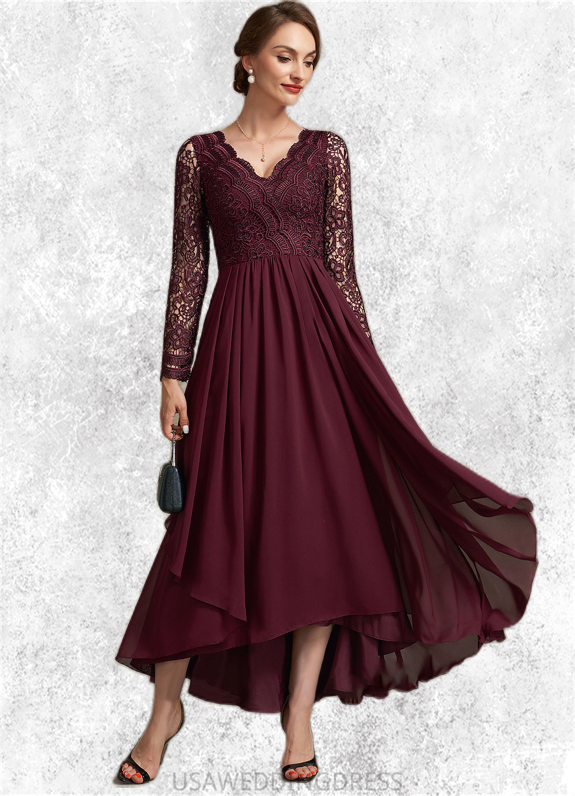 Lila A-line V-Neck Asymmetrical Chiffon Lace Mother of the Bride Dress DS126P0014640