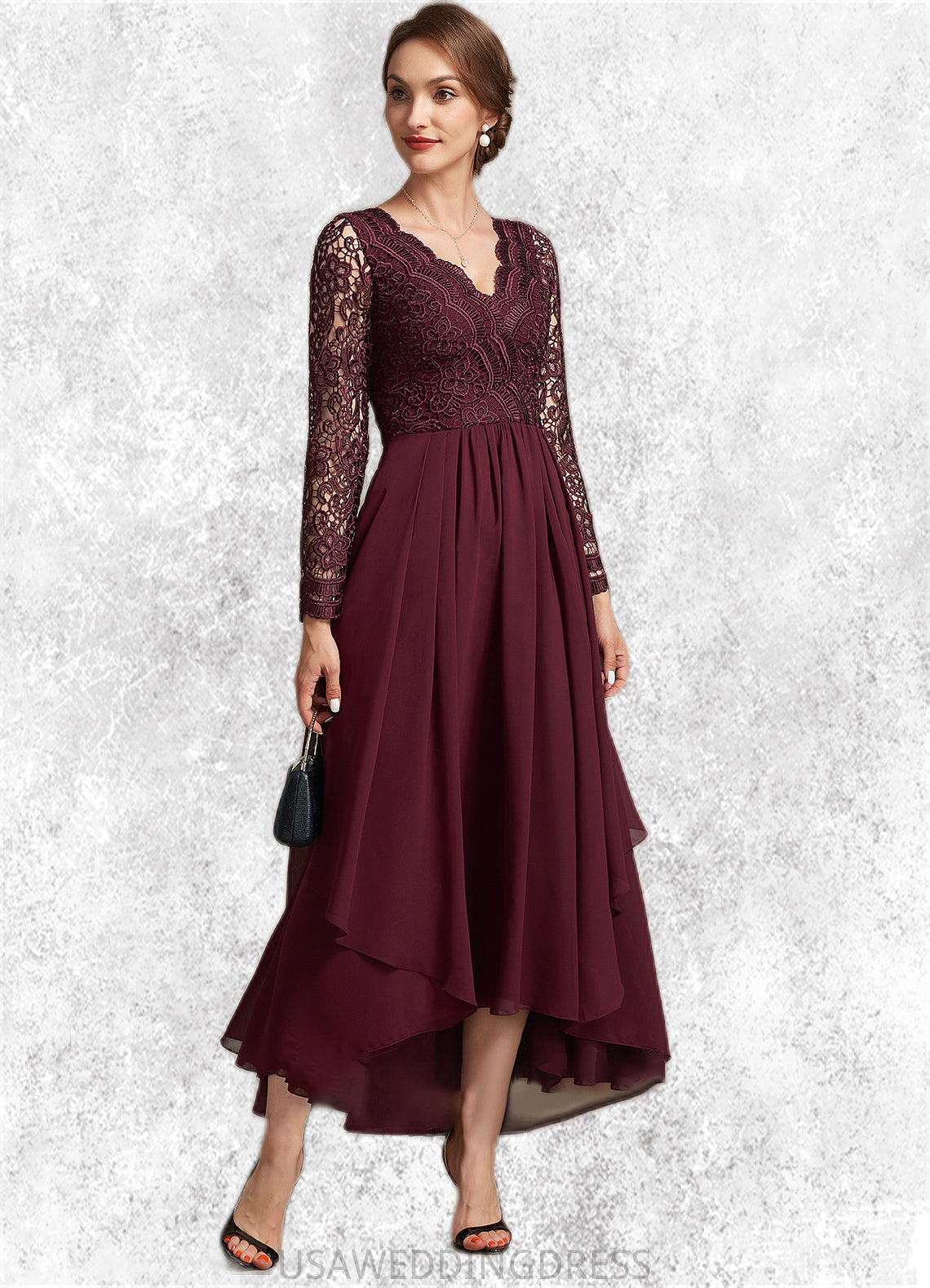 Lila A-line V-Neck Asymmetrical Chiffon Lace Mother of the Bride Dress DS126P0014640