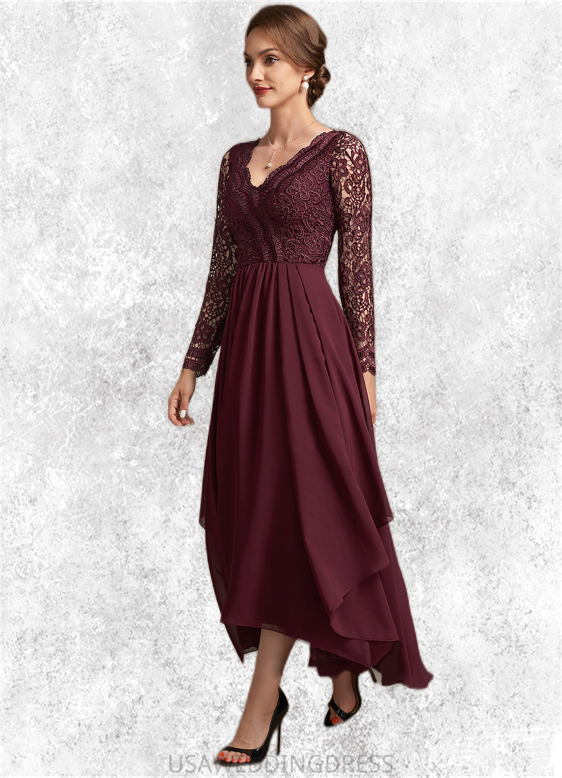 Lila A-line V-Neck Asymmetrical Chiffon Lace Mother of the Bride Dress DS126P0014640