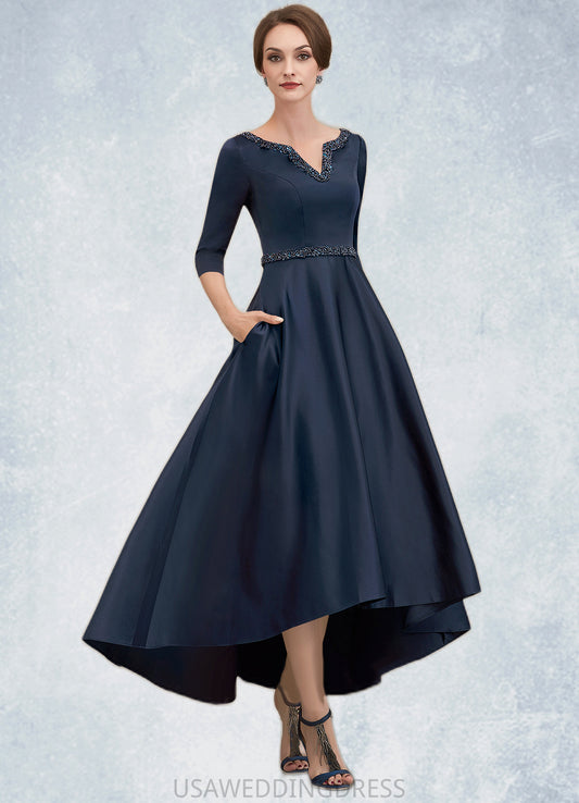 Willow A-Line V-neck Asymmetrical Satin Mother of the Bride Dress With Beading Sequins Pockets DS126P0014641