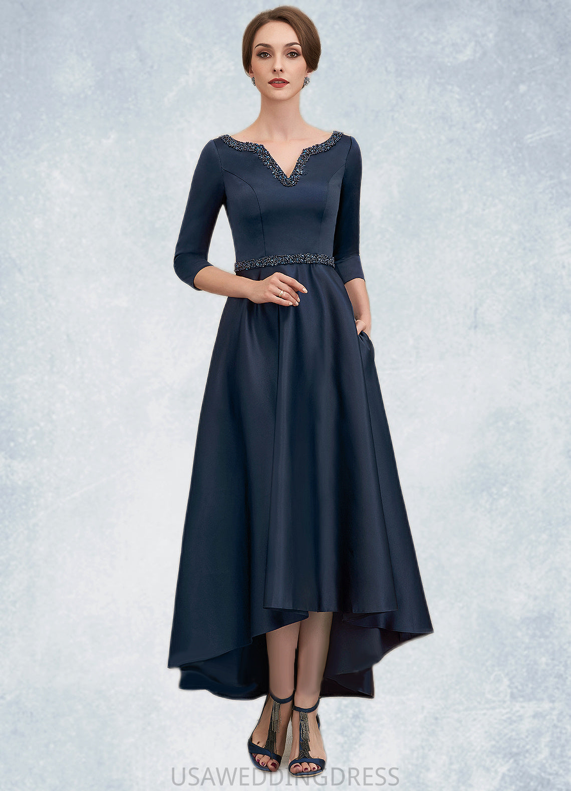 Willow A-Line V-neck Asymmetrical Satin Mother of the Bride Dress With Beading Sequins Pockets DS126P0014641