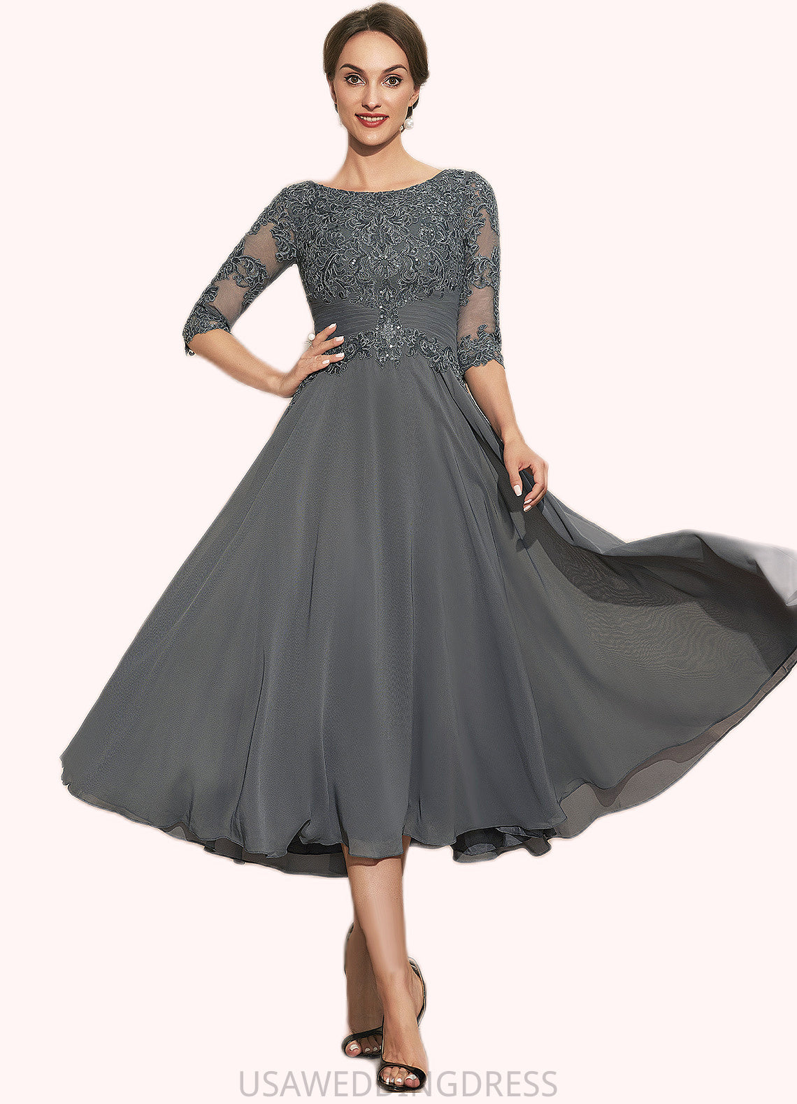 Francesca A-Line Scoop Neck Tea-Length Chiffon Lace Mother of the Bride Dress With Sequins DS126P0014642