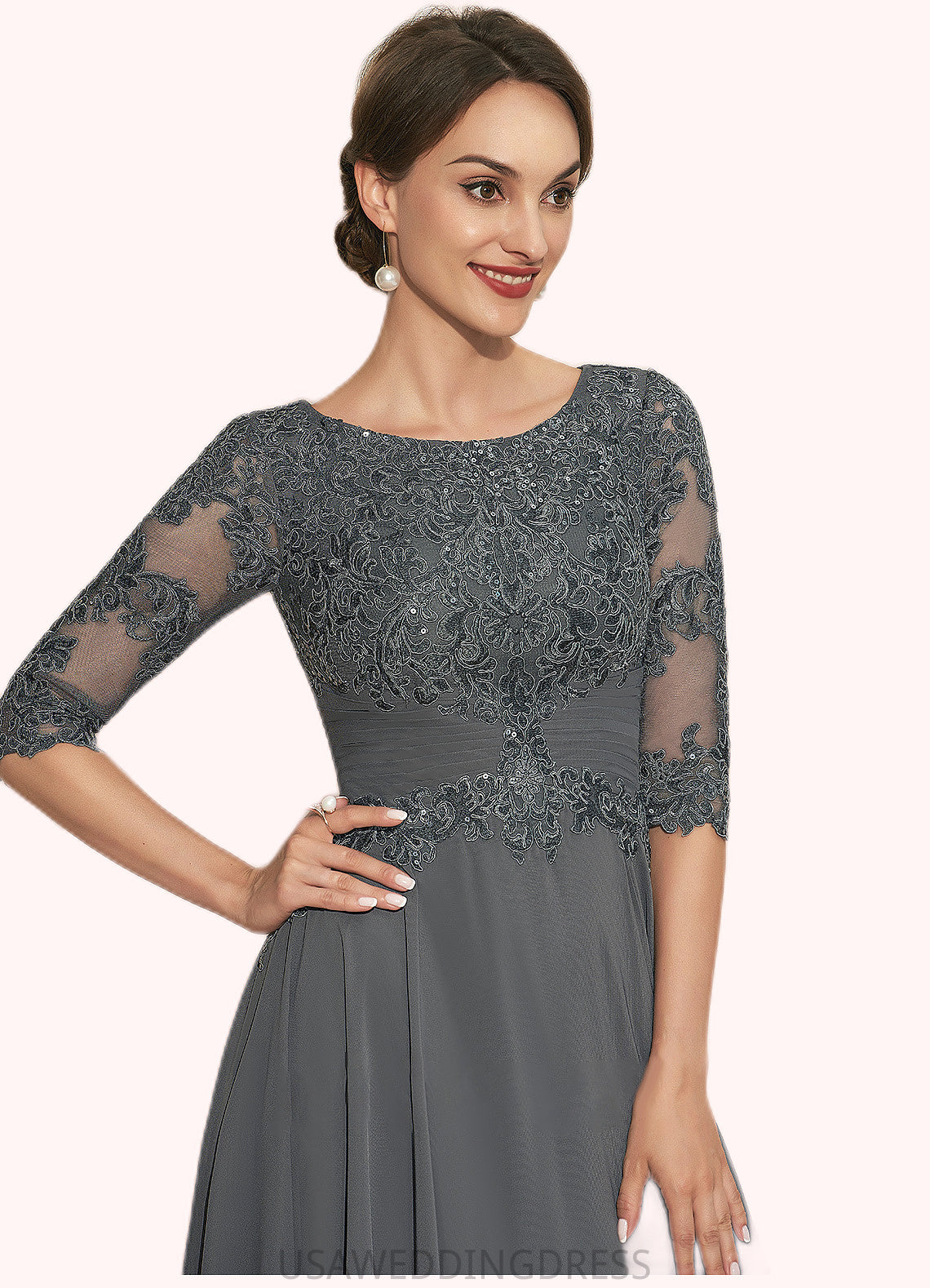 Francesca A-Line Scoop Neck Tea-Length Chiffon Lace Mother of the Bride Dress With Sequins DS126P0014642