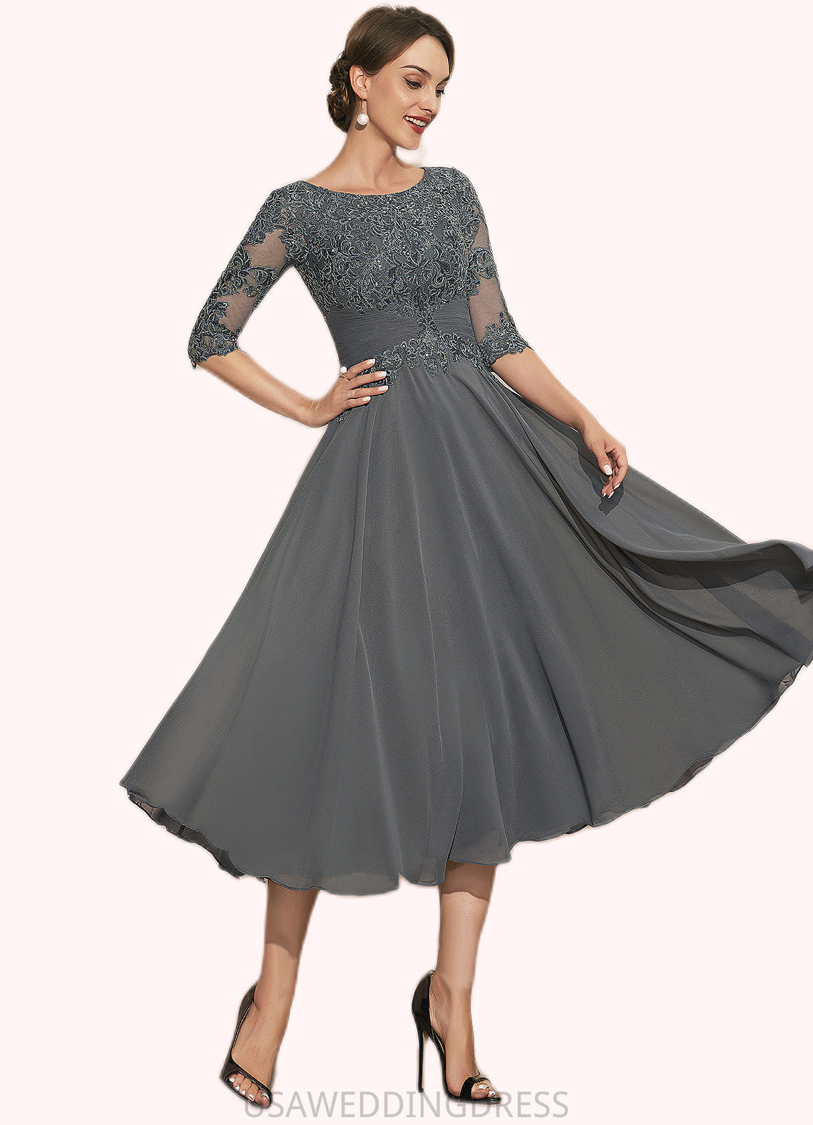 Francesca A-Line Scoop Neck Tea-Length Chiffon Lace Mother of the Bride Dress With Sequins DS126P0014642