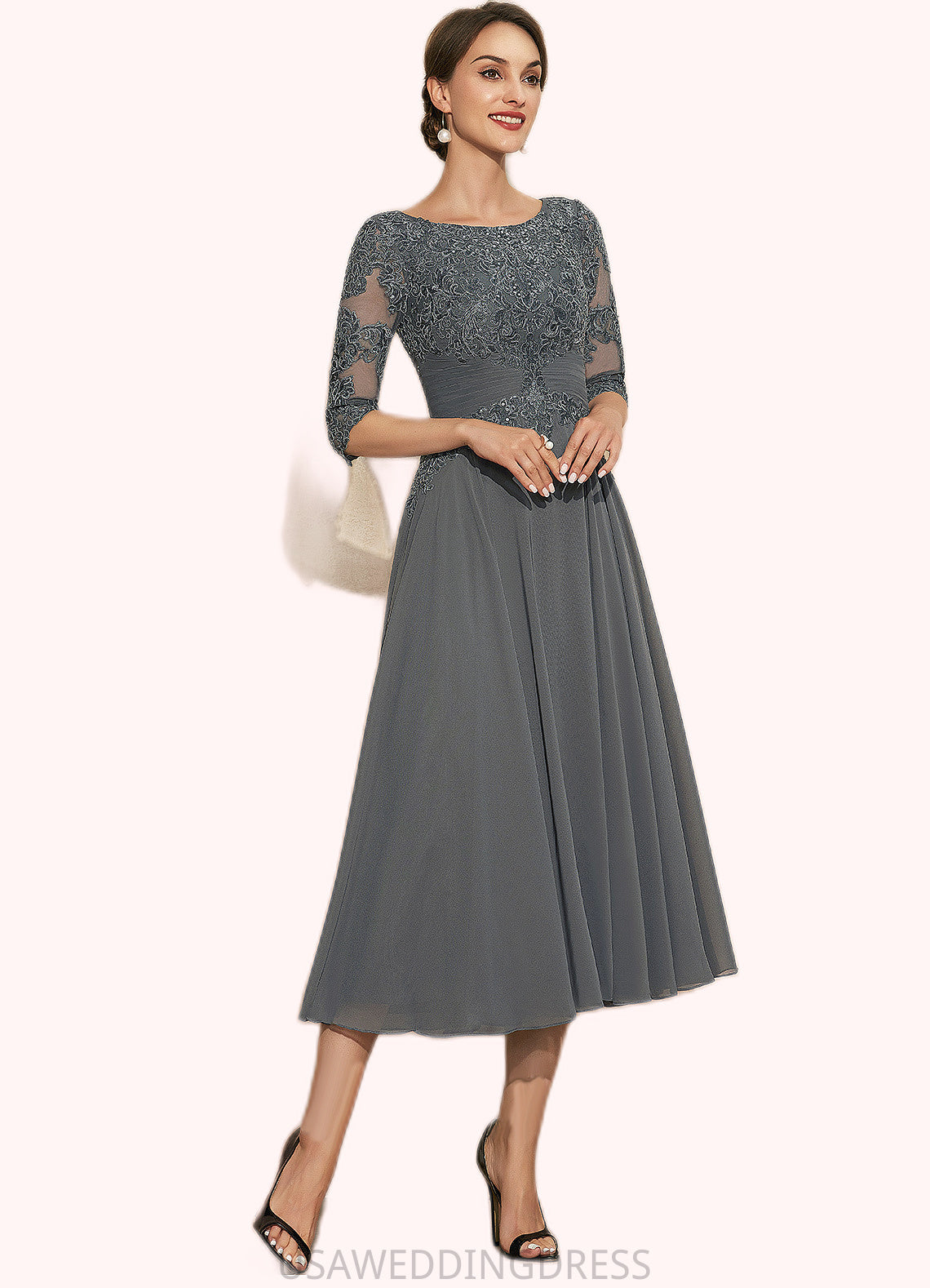 Francesca A-Line Scoop Neck Tea-Length Chiffon Lace Mother of the Bride Dress With Sequins DS126P0014642