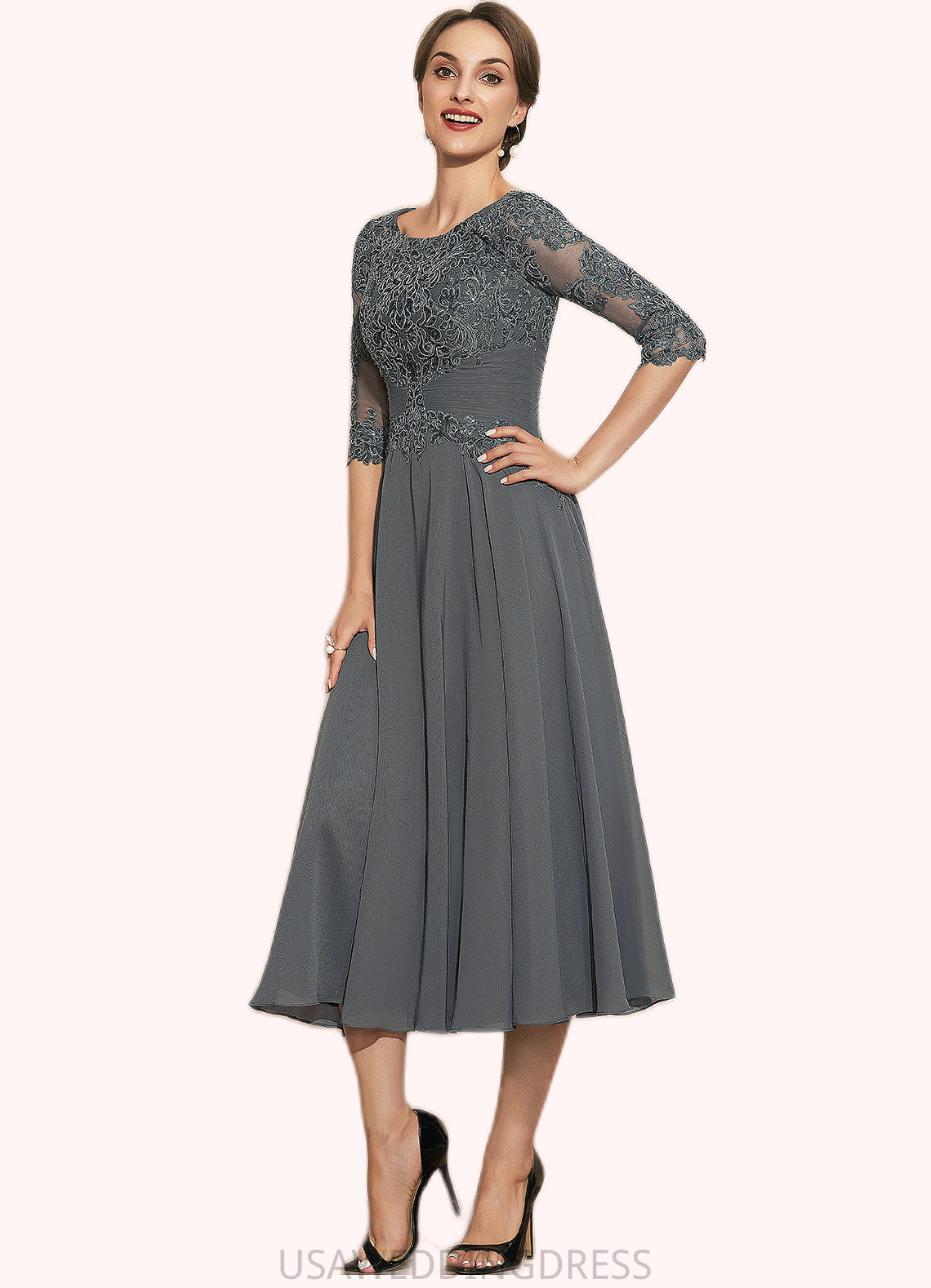 Francesca A-Line Scoop Neck Tea-Length Chiffon Lace Mother of the Bride Dress With Sequins DS126P0014642