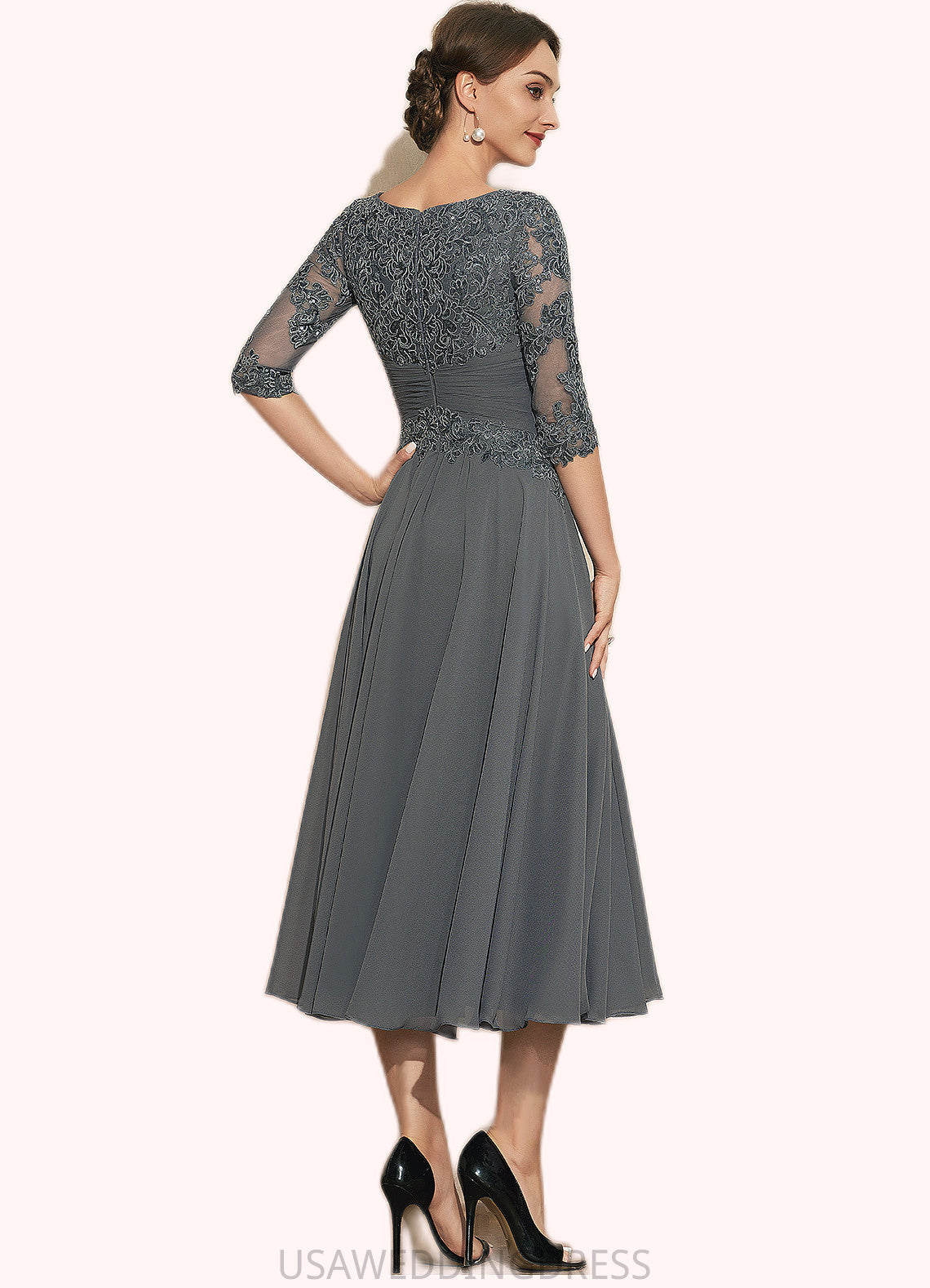 Francesca A-Line Scoop Neck Tea-Length Chiffon Lace Mother of the Bride Dress With Sequins DS126P0014642