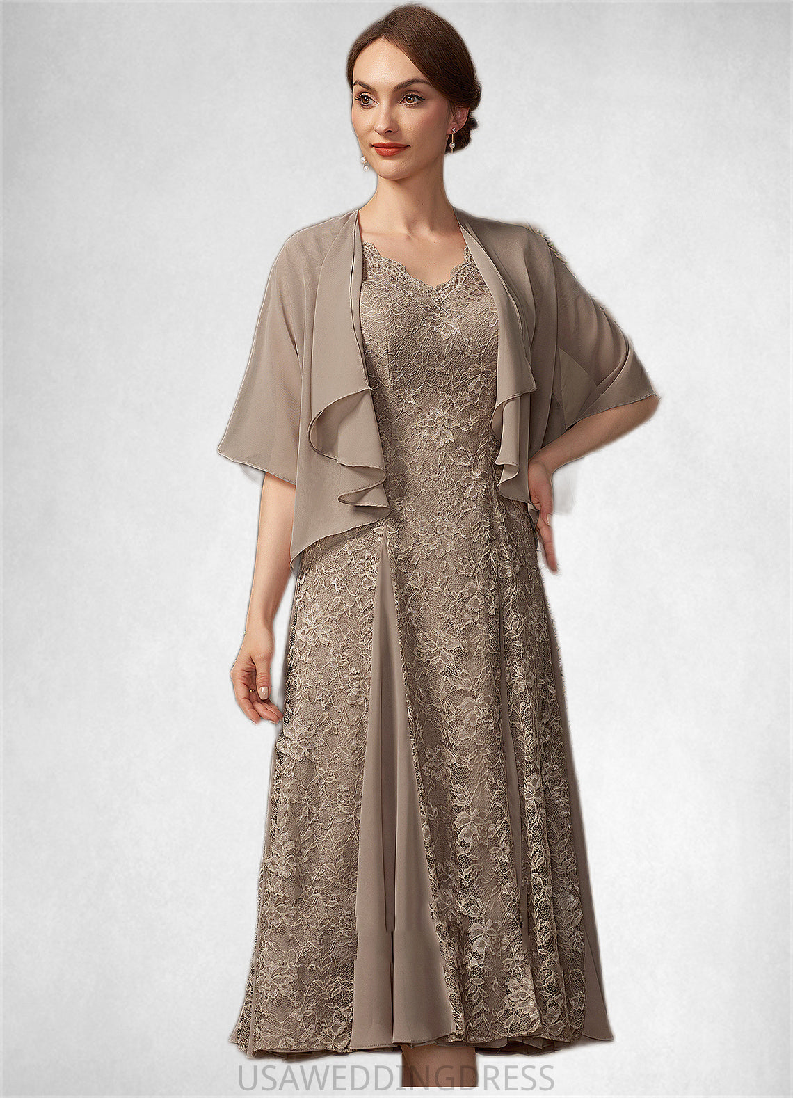 Callie A-line V-Neck Tea-Length Chiffon Lace Mother of the Bride Dress DS126P0014644