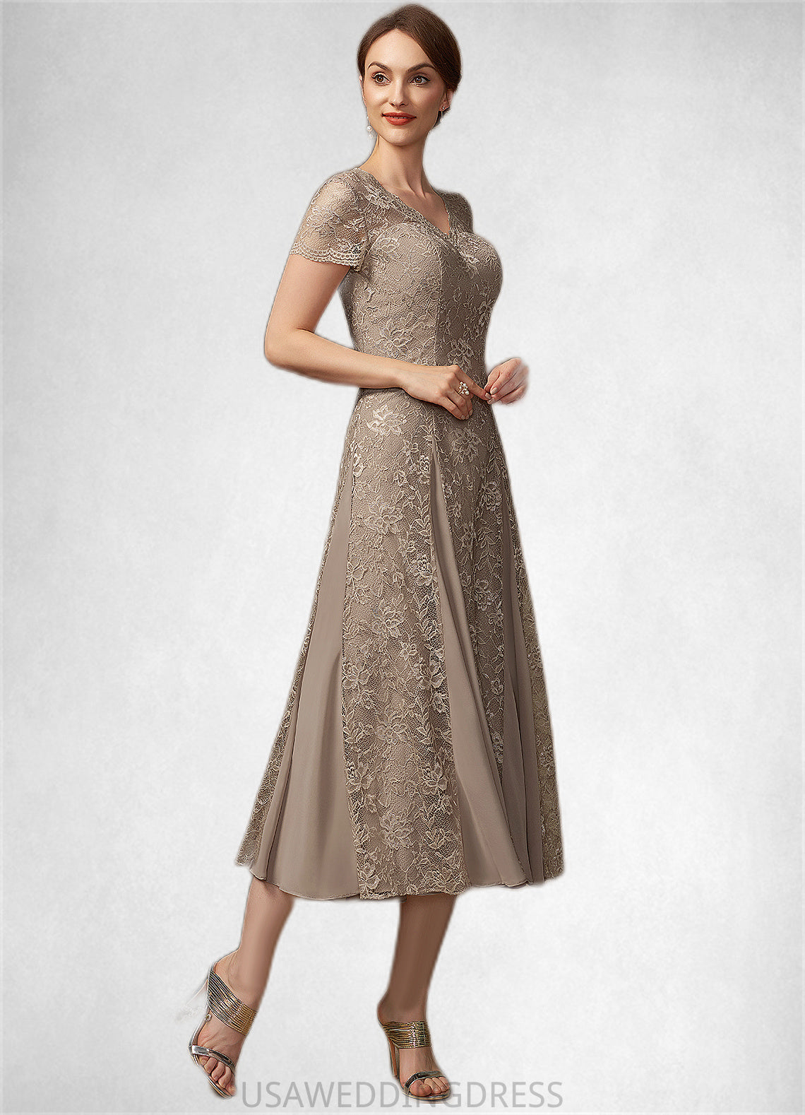 Callie A-line V-Neck Tea-Length Chiffon Lace Mother of the Bride Dress DS126P0014644