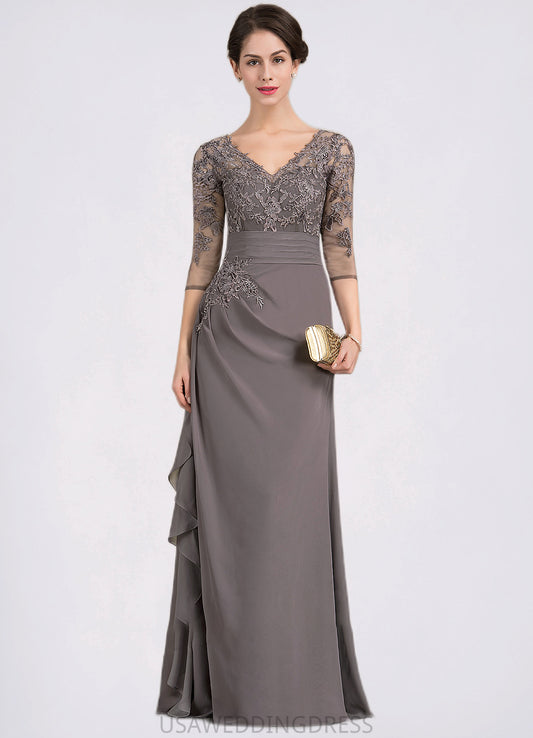 Jacey A-line V-Neck Floor-Length Chiffon Lace Mother of the Bride Dress With Cascading Ruffles DS126P0014645