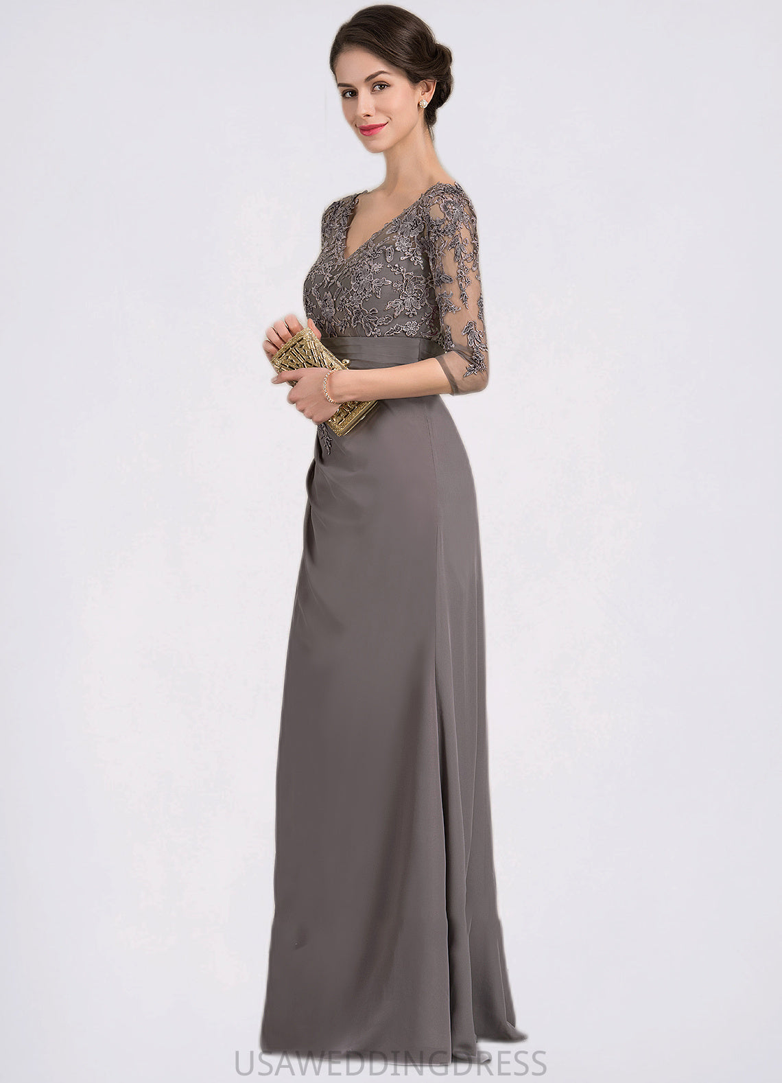 Jacey A-line V-Neck Floor-Length Chiffon Lace Mother of the Bride Dress With Cascading Ruffles DS126P0014645