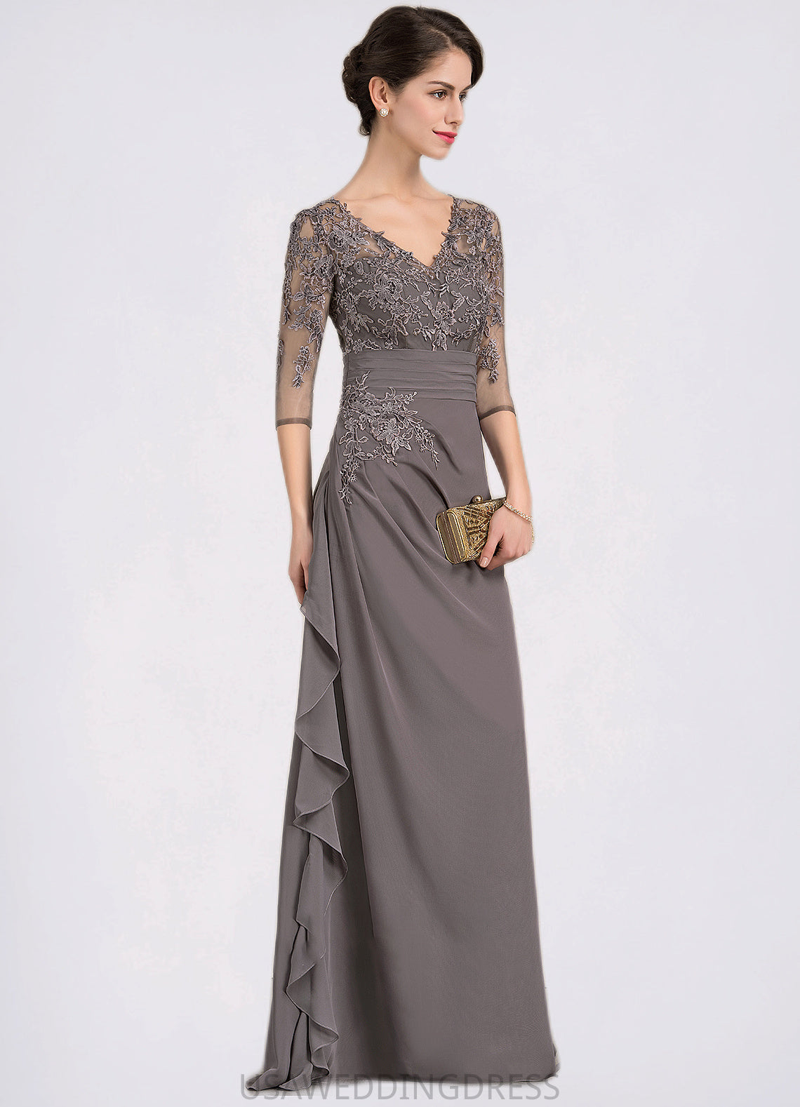 Jacey A-line V-Neck Floor-Length Chiffon Lace Mother of the Bride Dress With Cascading Ruffles DS126P0014645