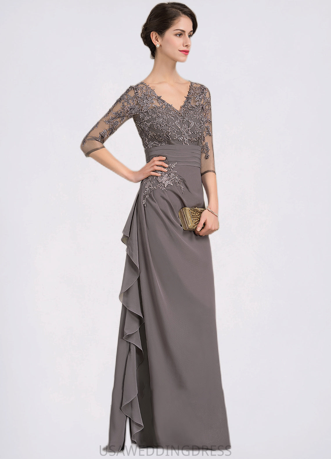 Jacey A-line V-Neck Floor-Length Chiffon Lace Mother of the Bride Dress With Cascading Ruffles DS126P0014645