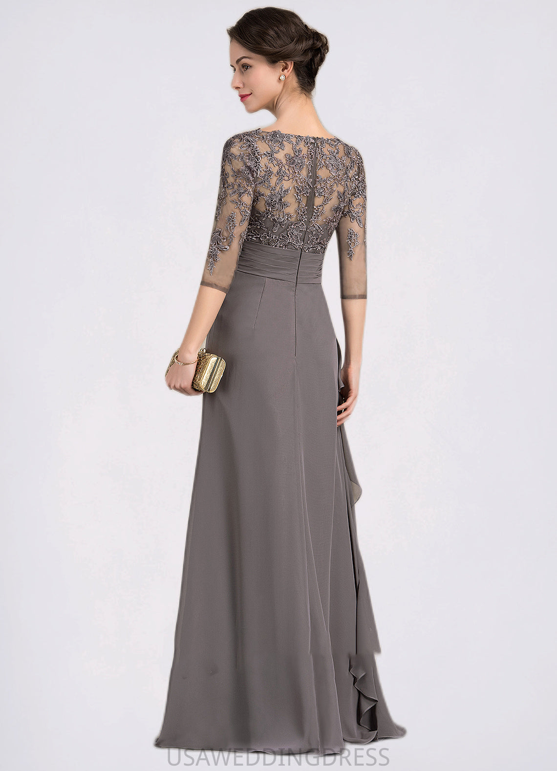 Jacey A-line V-Neck Floor-Length Chiffon Lace Mother of the Bride Dress With Cascading Ruffles DS126P0014645