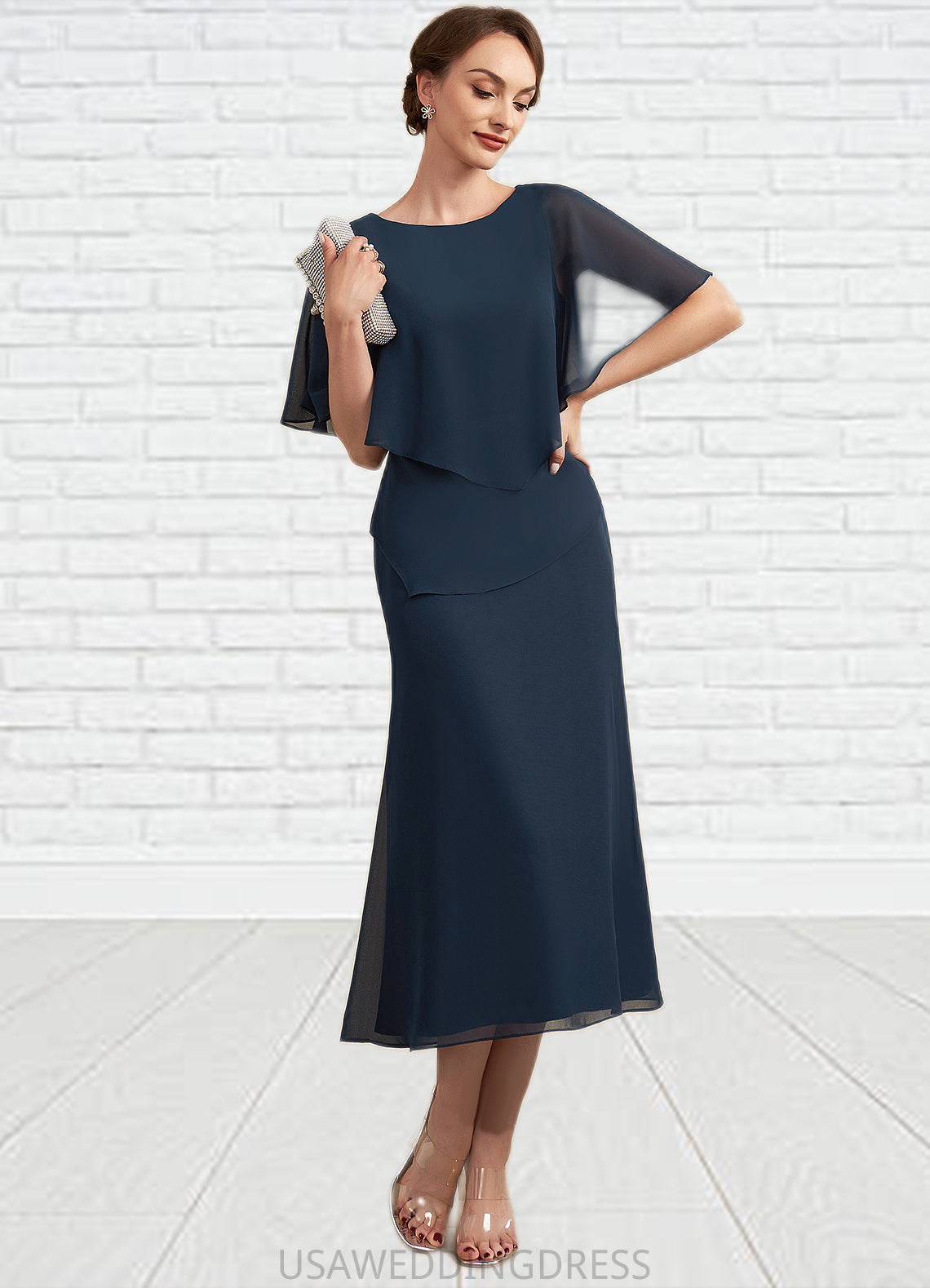 Kirsten Sheath/Column Scoop Neck Tea-Length Chiffon Mother of the Bride Dress DS126P0014646