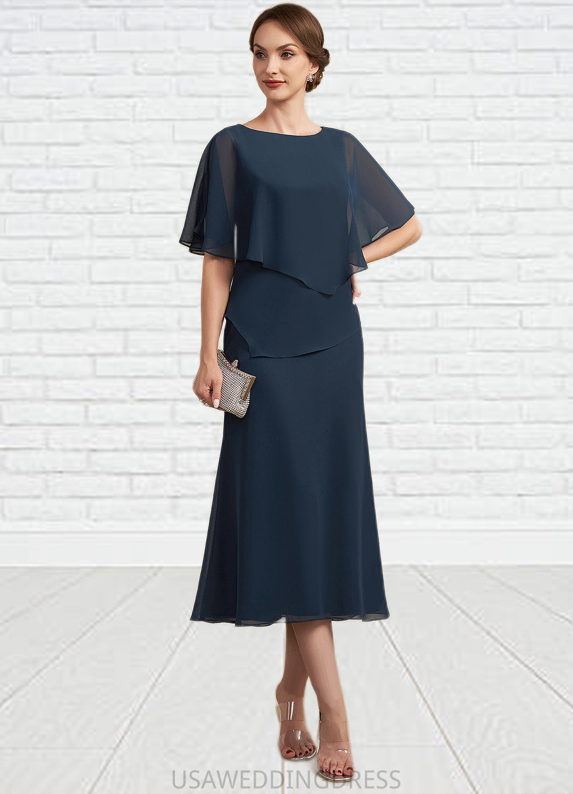 Kirsten Sheath/Column Scoop Neck Tea-Length Chiffon Mother of the Bride Dress DS126P0014646