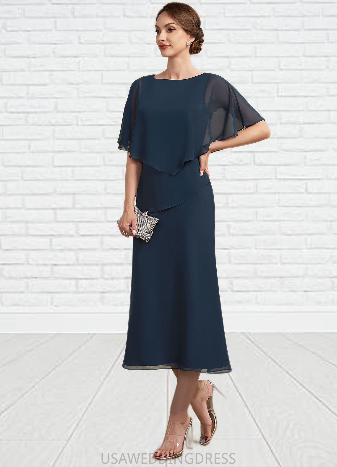 Kirsten Sheath/Column Scoop Neck Tea-Length Chiffon Mother of the Bride Dress DS126P0014646