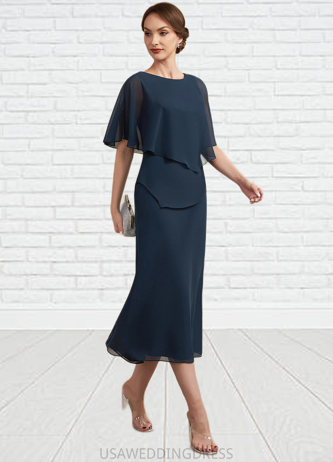 Kirsten Sheath/Column Scoop Neck Tea-Length Chiffon Mother of the Bride Dress DS126P0014646