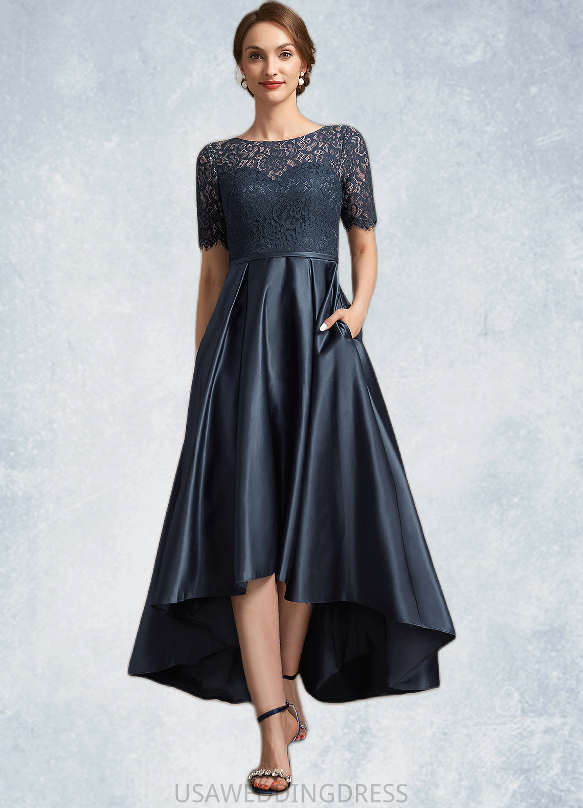 Millicent A-Line Scoop Neck Asymmetrical Satin Lace Mother of the Bride Dress DS126P0014647