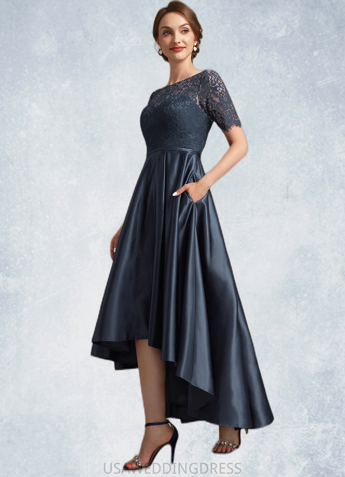 Millicent A-Line Scoop Neck Asymmetrical Satin Lace Mother of the Bride Dress DS126P0014647