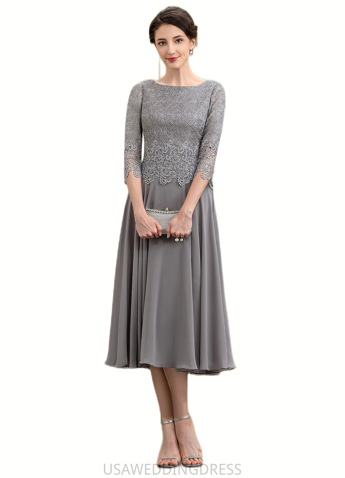 Riley A-Line Scoop Neck Tea-Length Chiffon Lace Mother of the Bride Dress DS126P0014648