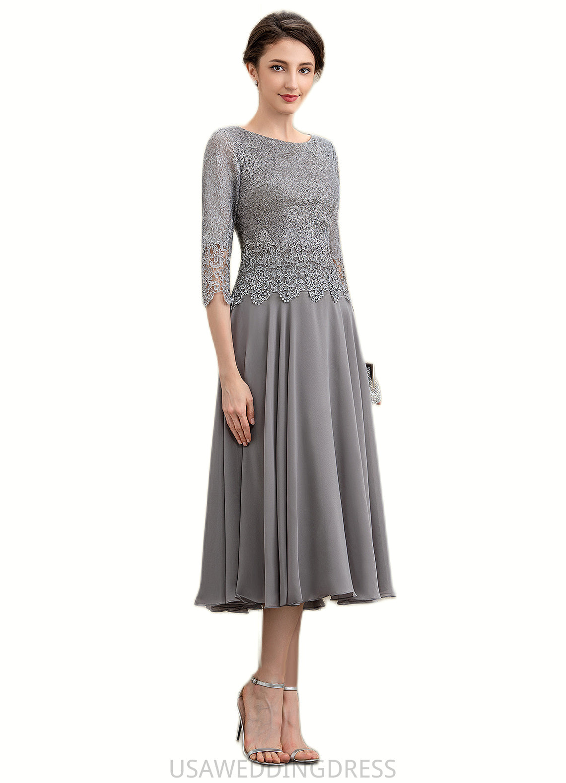 Riley A-Line Scoop Neck Tea-Length Chiffon Lace Mother of the Bride Dress DS126P0014648