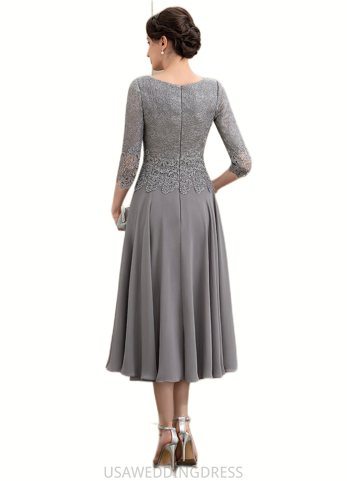 Riley A-Line Scoop Neck Tea-Length Chiffon Lace Mother of the Bride Dress DS126P0014648