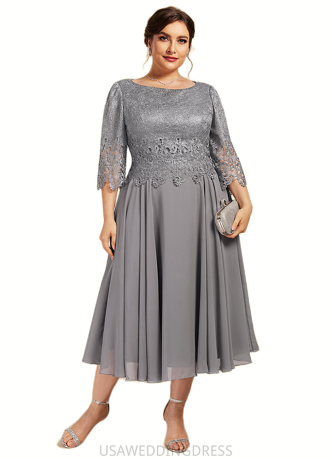 Riley A-Line Scoop Neck Tea-Length Chiffon Lace Mother of the Bride Dress DS126P0014648