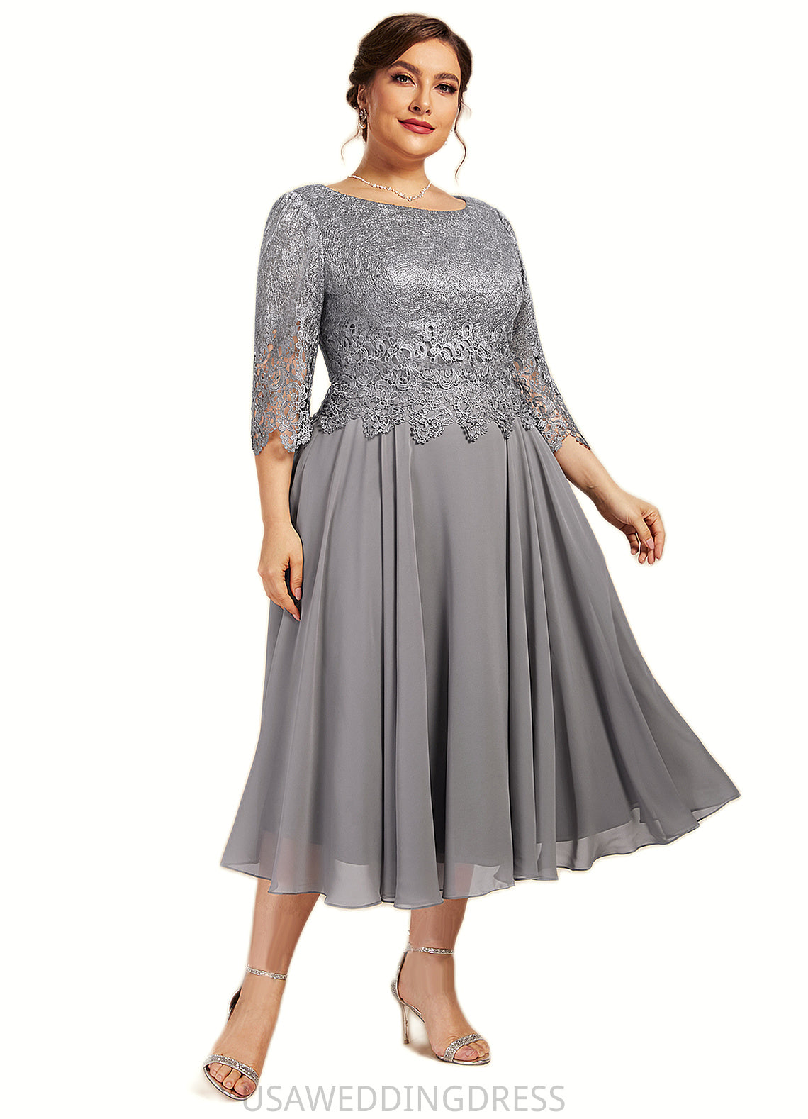 Riley A-Line Scoop Neck Tea-Length Chiffon Lace Mother of the Bride Dress DS126P0014648