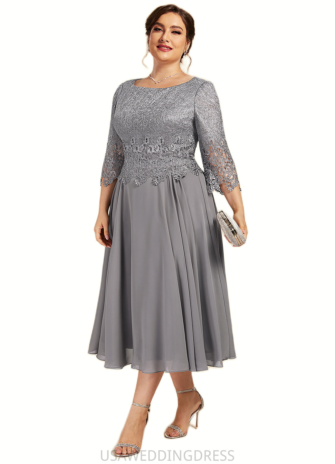 Riley A-Line Scoop Neck Tea-Length Chiffon Lace Mother of the Bride Dress DS126P0014648