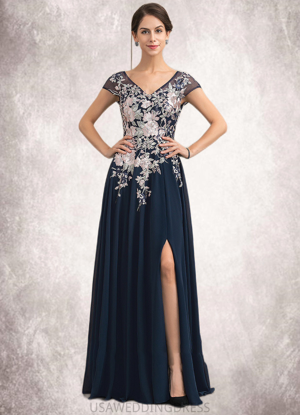 Lauren A-Line V-neck Floor-Length Chiffon Lace Mother of the Bride Dress With Split Front DS126P0014649