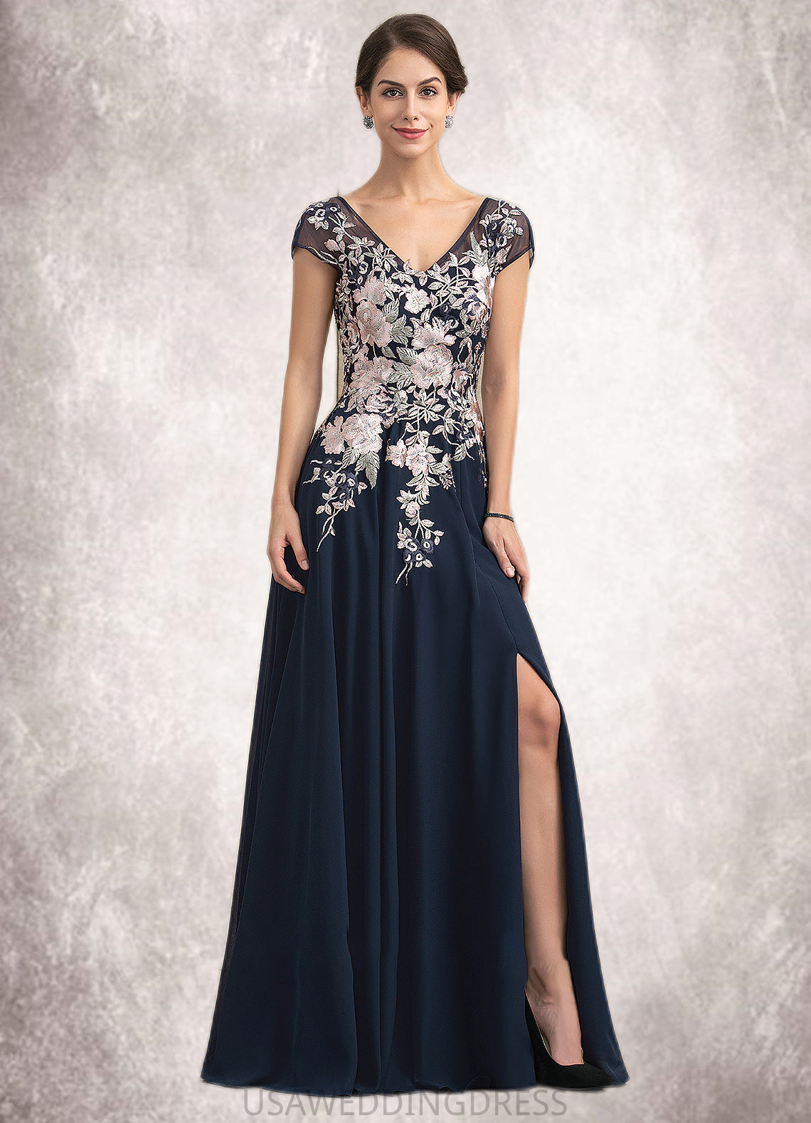 Lauren A-Line V-neck Floor-Length Chiffon Lace Mother of the Bride Dress With Split Front DS126P0014649