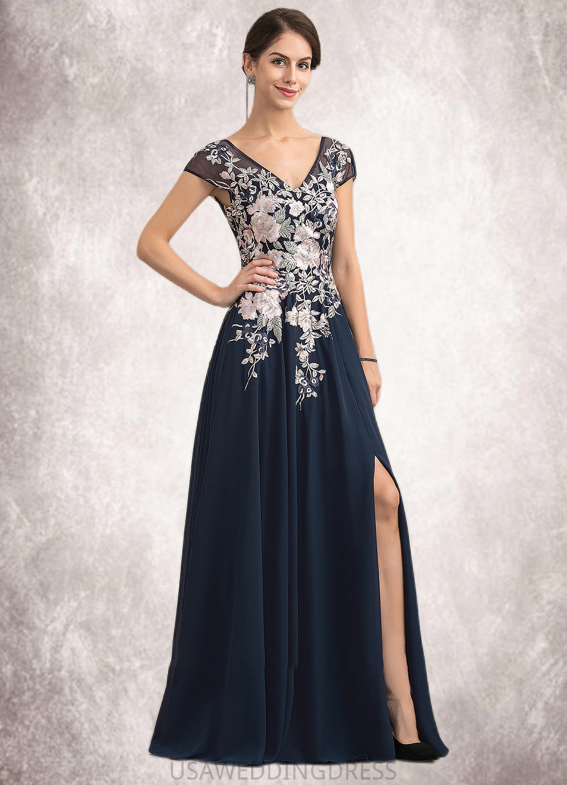 Lauren A-Line V-neck Floor-Length Chiffon Lace Mother of the Bride Dress With Split Front DS126P0014649