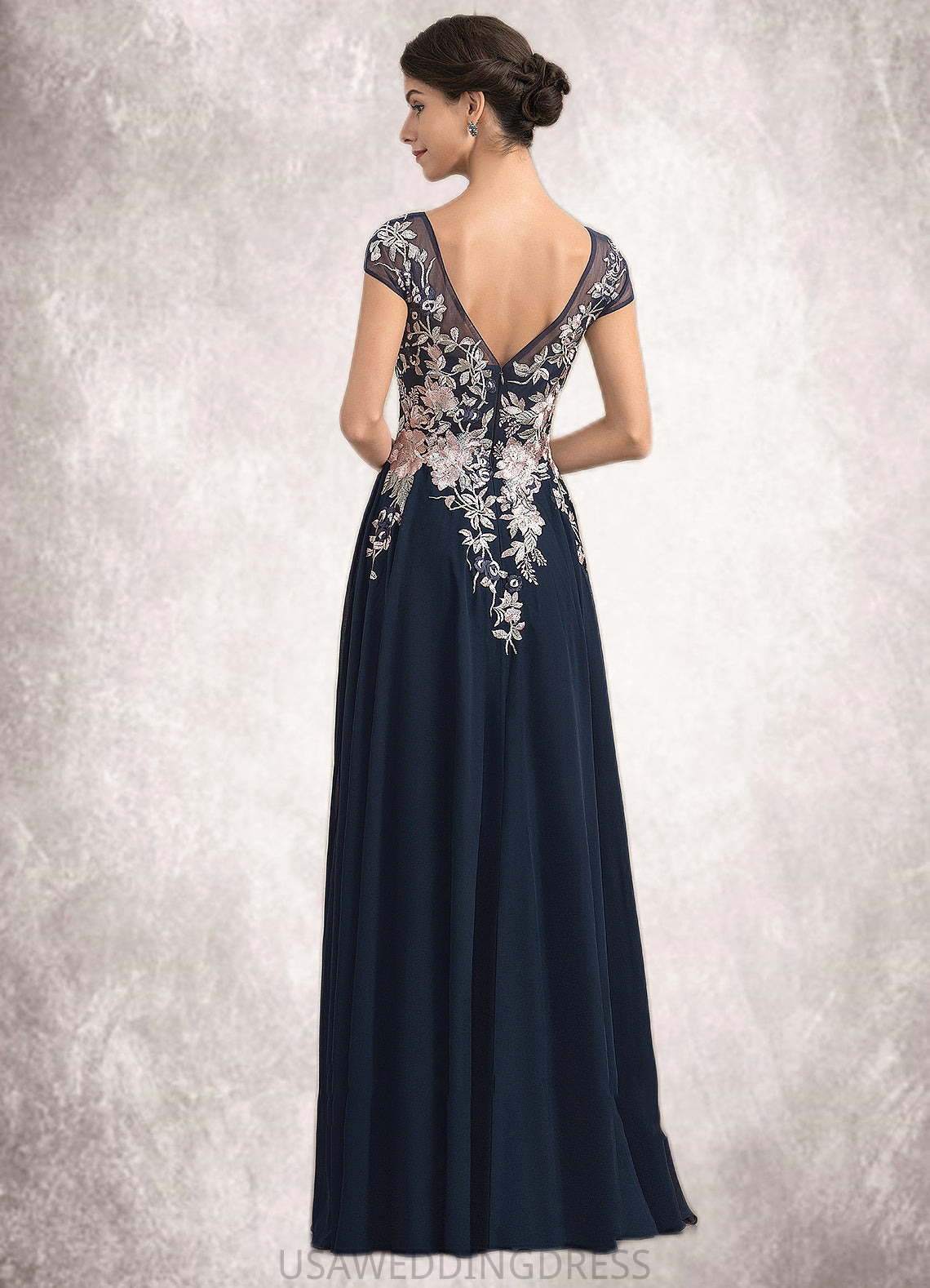 Lauren A-Line V-neck Floor-Length Chiffon Lace Mother of the Bride Dress With Split Front DS126P0014649