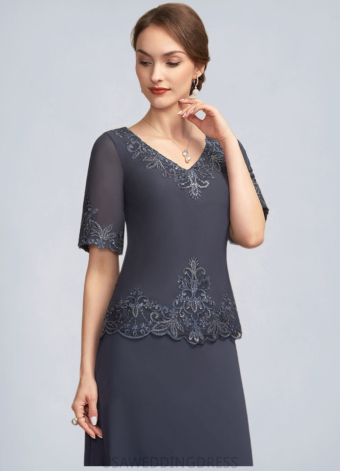 Paris A-Line V-neck Ankle-Length Chiffon Lace Mother of the Bride Dress With Sequins DS126P0014650