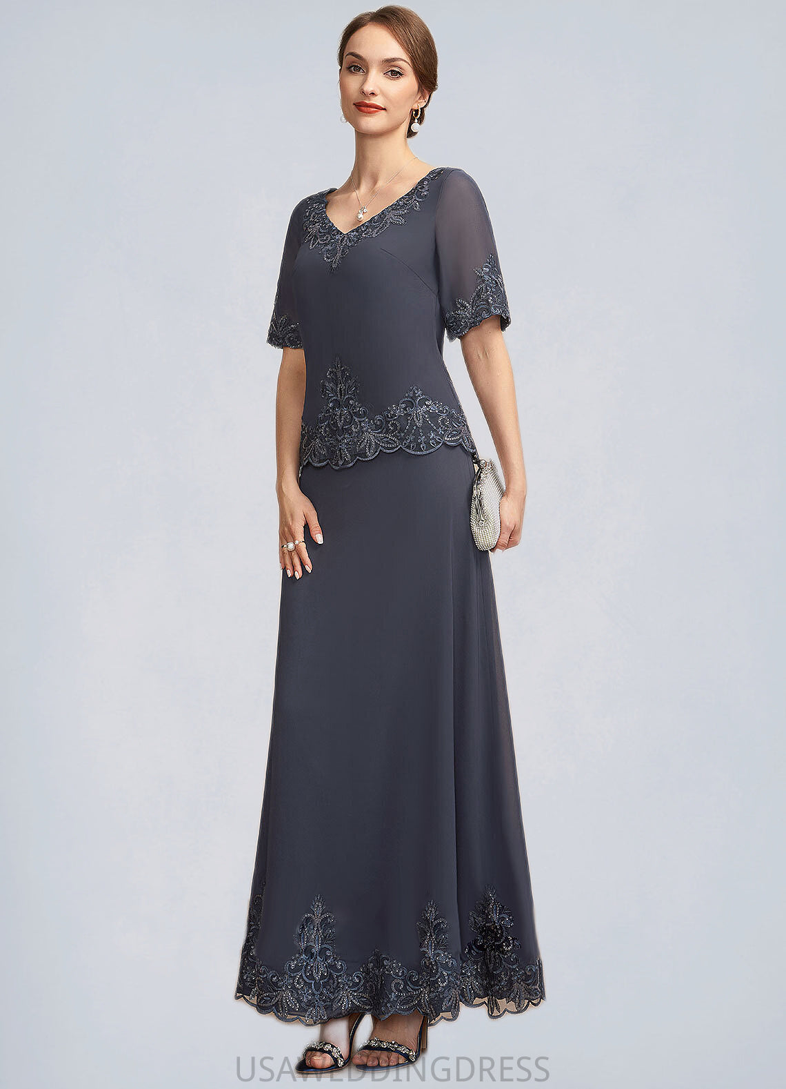 Paris A-Line V-neck Ankle-Length Chiffon Lace Mother of the Bride Dress With Sequins DS126P0014650