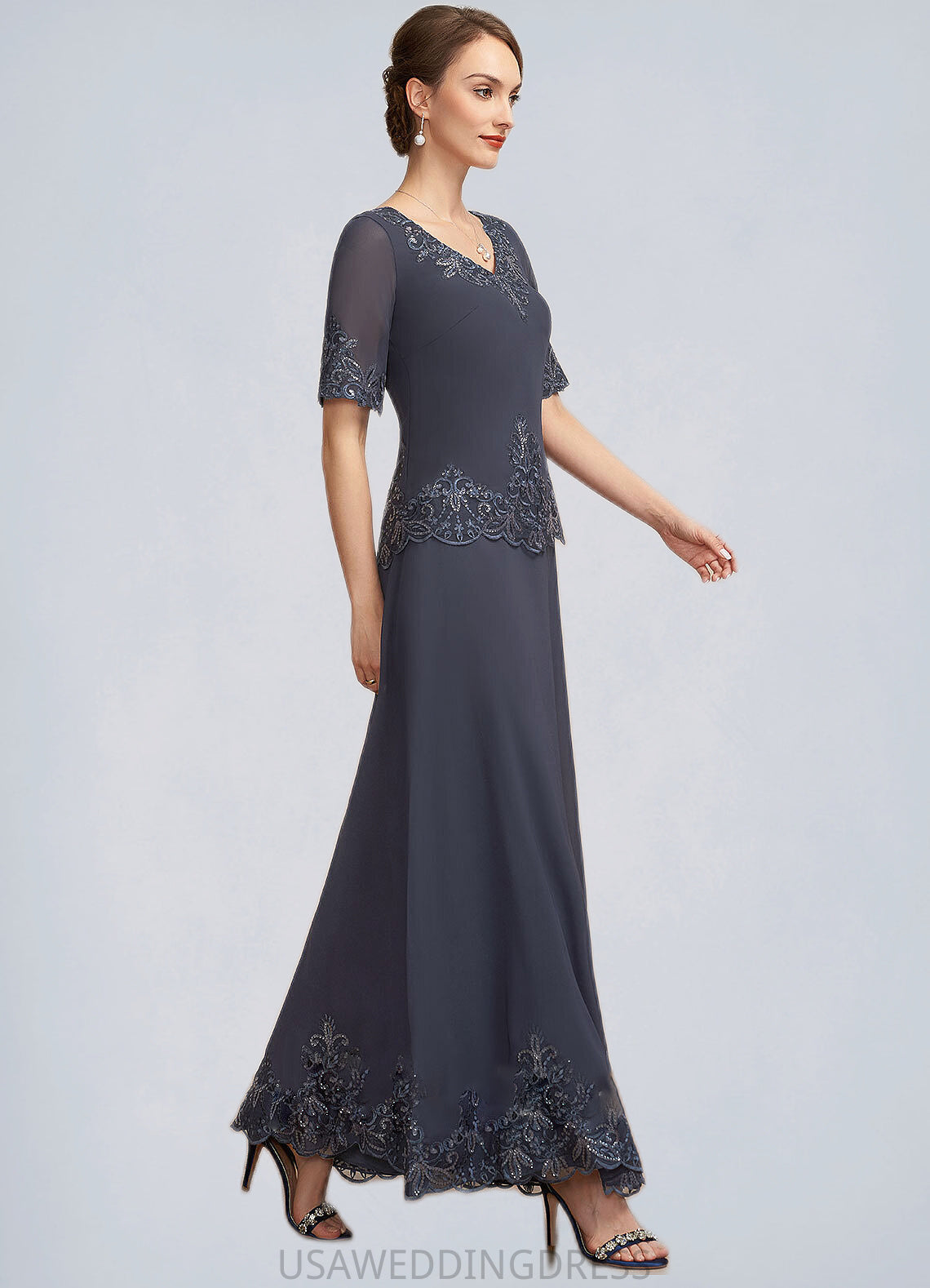 Paris A-Line V-neck Ankle-Length Chiffon Lace Mother of the Bride Dress With Sequins DS126P0014650