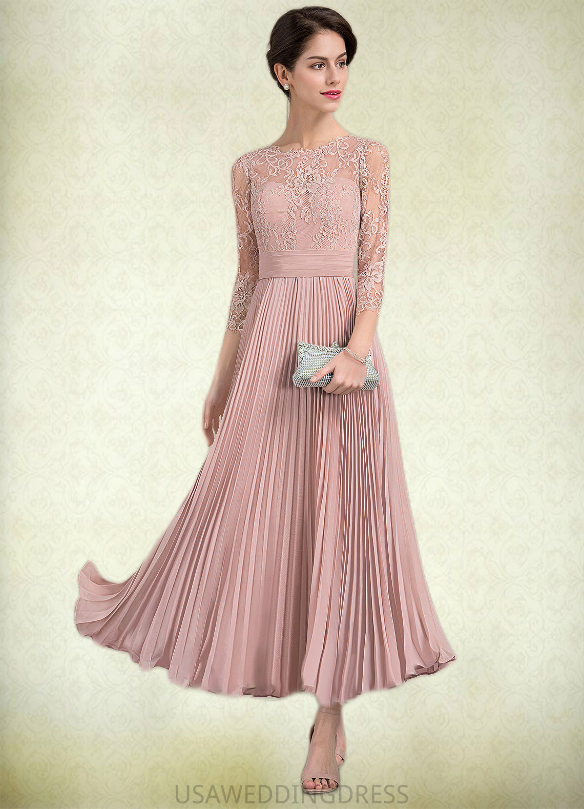 Addisyn A-Line Scoop Neck Ankle-Length Chiffon Lace Mother of the Bride Dress With Pleated DS126P0014651