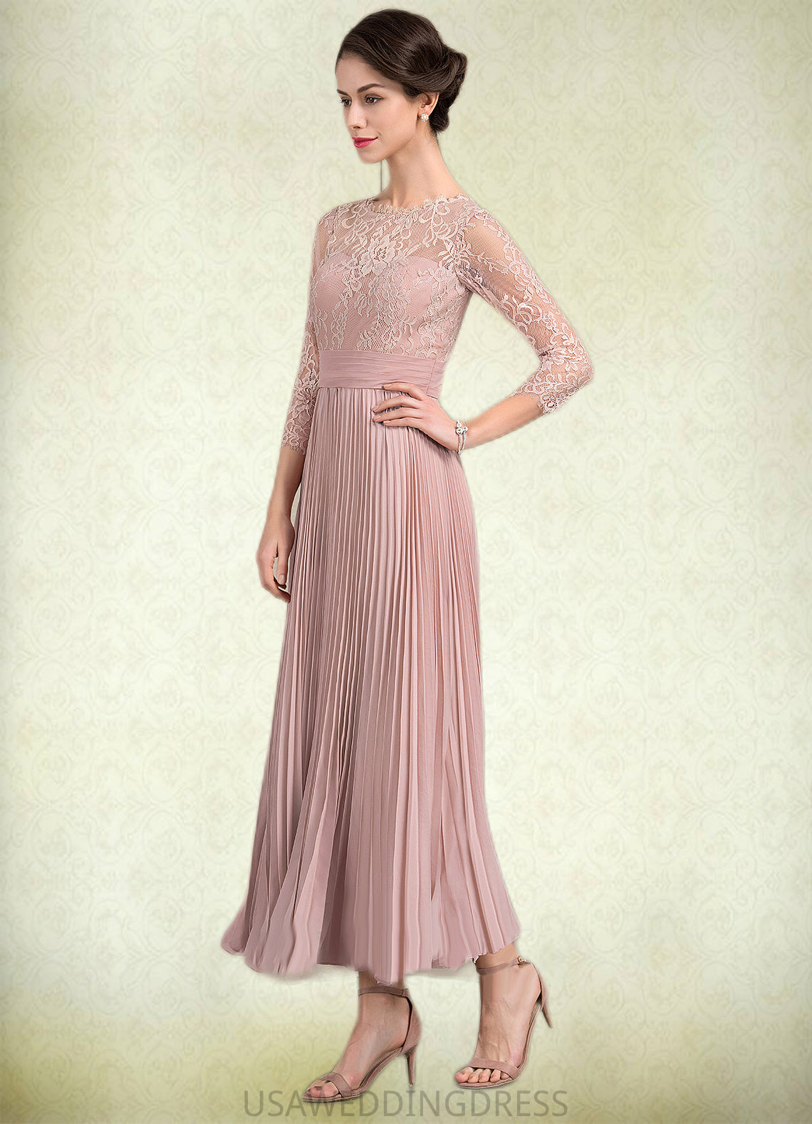 Addisyn A-Line Scoop Neck Ankle-Length Chiffon Lace Mother of the Bride Dress With Pleated DS126P0014651